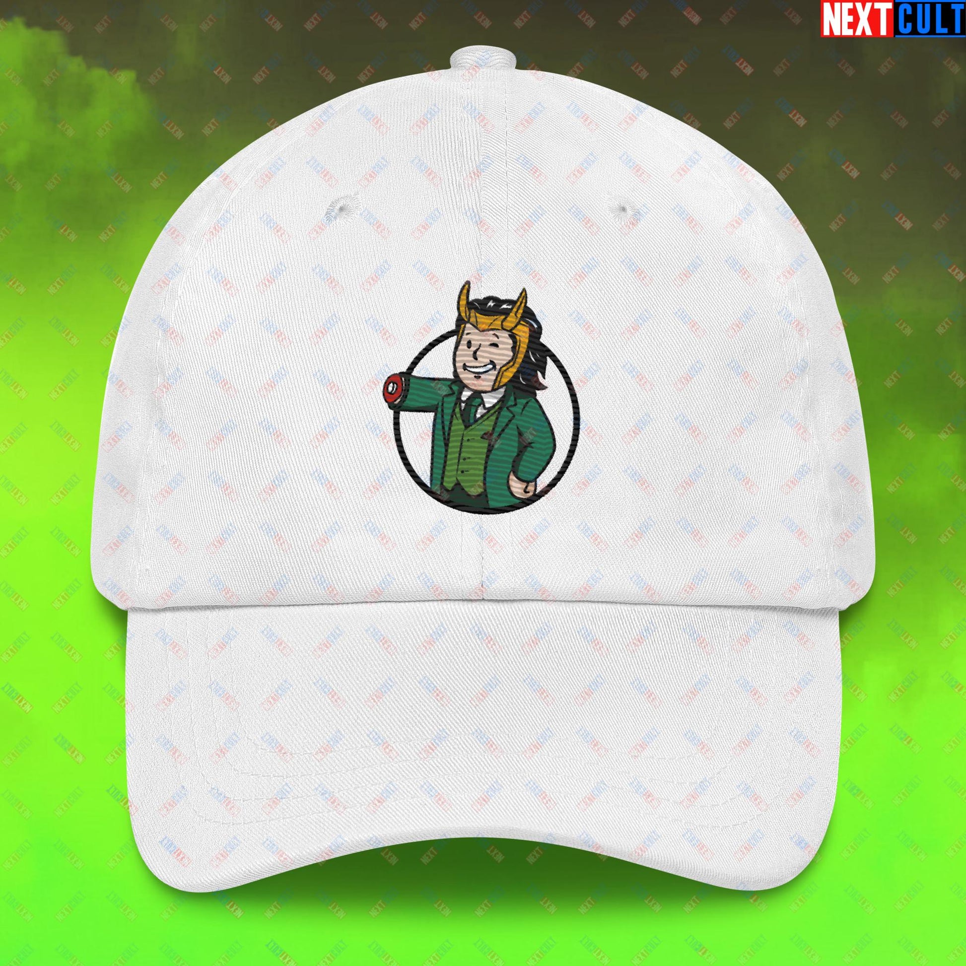 Loki Vault Boy Fallout Funny Meme Cartoon Mashup Dad hat Next Cult Brand