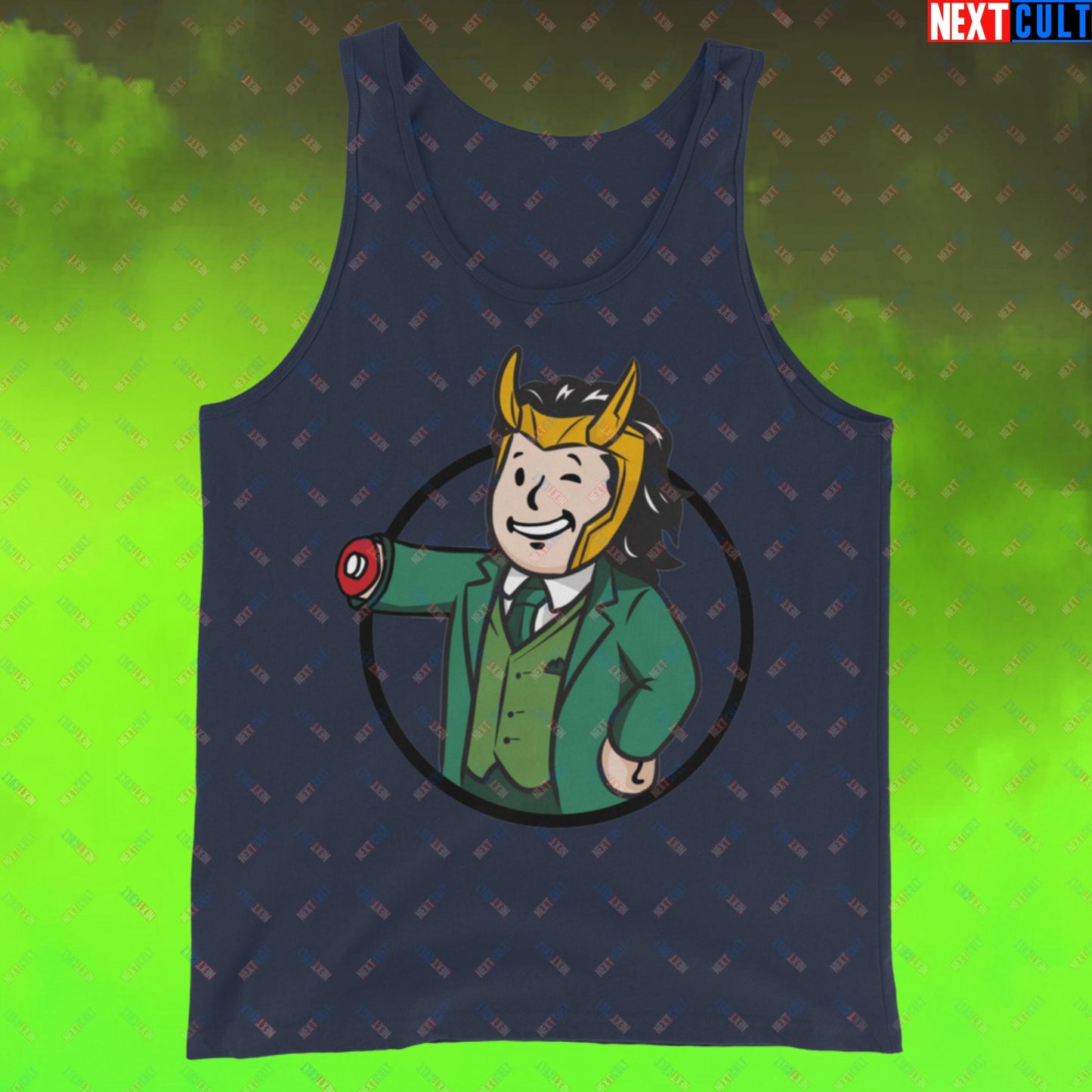 Loki Vault Boy Fallout Funny Meme Cartoon Mashup Tank Top Navy Tank Tops Fallout Loki Movies Superheroes Tom Hiddleston TV Shows Vault Boy Next Cult Brand