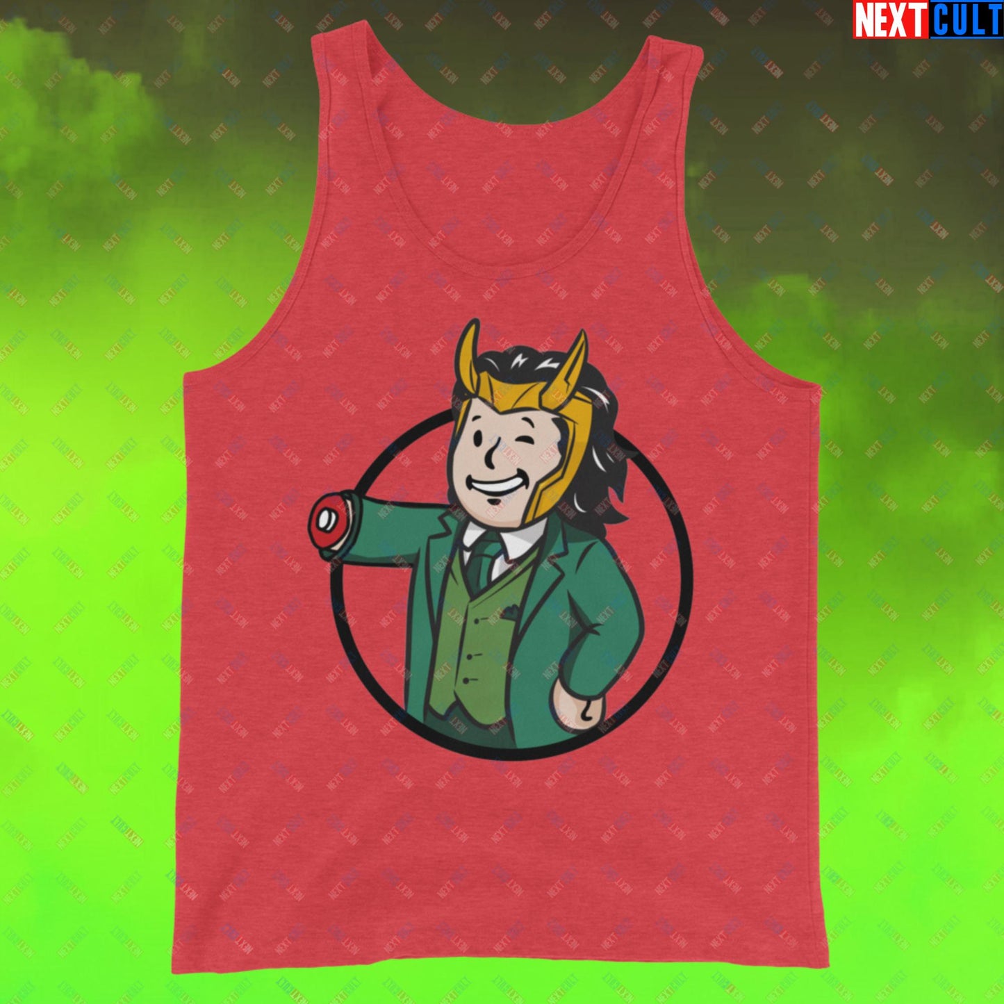 Loki Vault Boy Fallout Funny Meme Cartoon Mashup Tank Top Red Triblend Tank Tops Fallout Loki Movies Superheroes Tom Hiddleston TV Shows Vault Boy Next Cult Brand