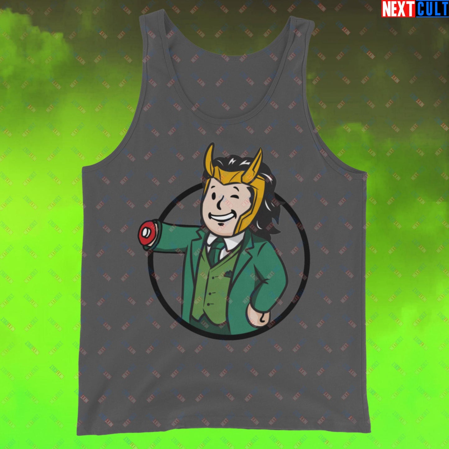 Loki Vault Boy Fallout Funny Meme Cartoon Mashup Tank Top Asphalt Tank Tops Fallout Loki Movies Superheroes Tom Hiddleston TV Shows Vault Boy Next Cult Brand