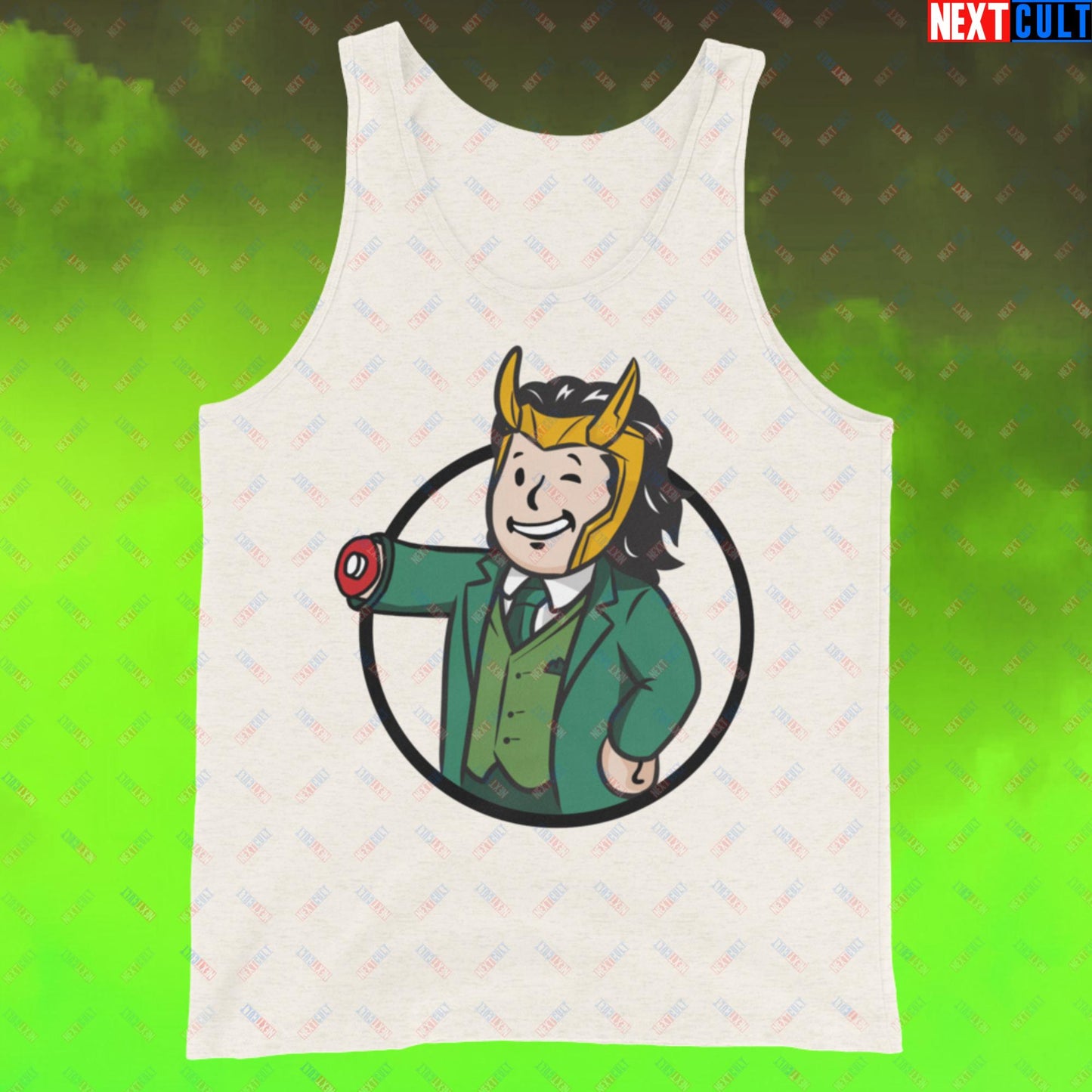 Loki Vault Boy Fallout Funny Meme Cartoon Mashup Tank Top Oatmeal Triblend Tank Tops Fallout Loki Movies Superheroes Tom Hiddleston TV Shows Vault Boy Next Cult Brand