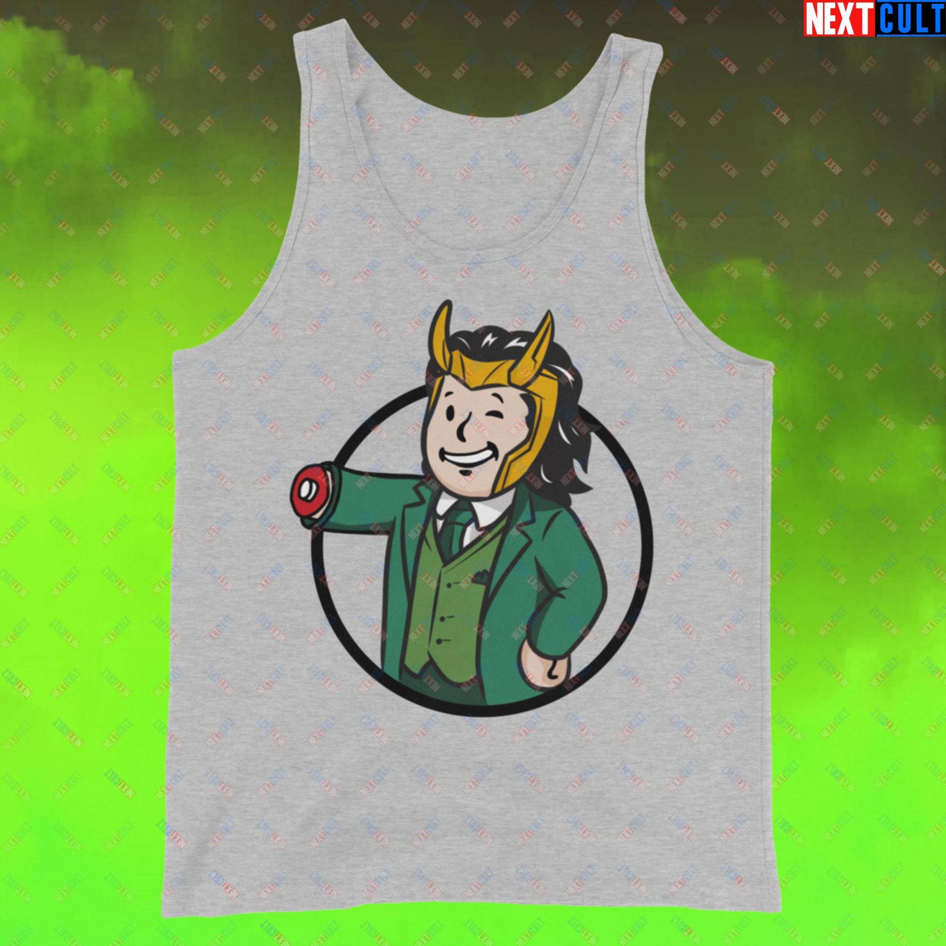 Loki Vault Boy Fallout Funny Meme Cartoon Mashup Tank Top Athletic Heather Tank Tops Fallout Loki Movies Superheroes Tom Hiddleston TV Shows Vault Boy Next Cult Brand