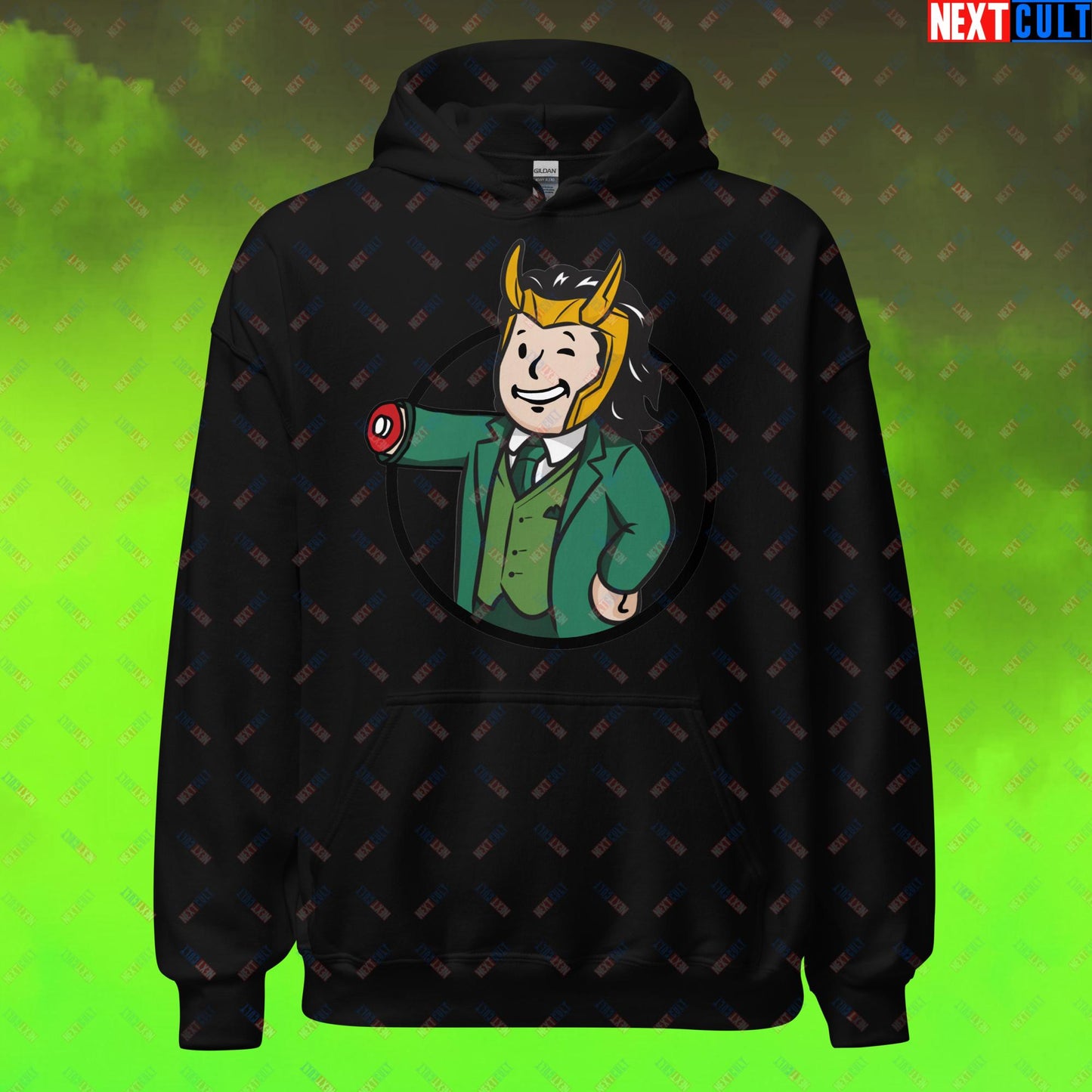 Loki Vault Boy Fallout Funny Meme Cartoon Mashup Unisex Hoodie Black Hoodies Fallout Loki Movies Superheroes Tom Hiddleston TV Shows Vault Boy Next Cult Brand