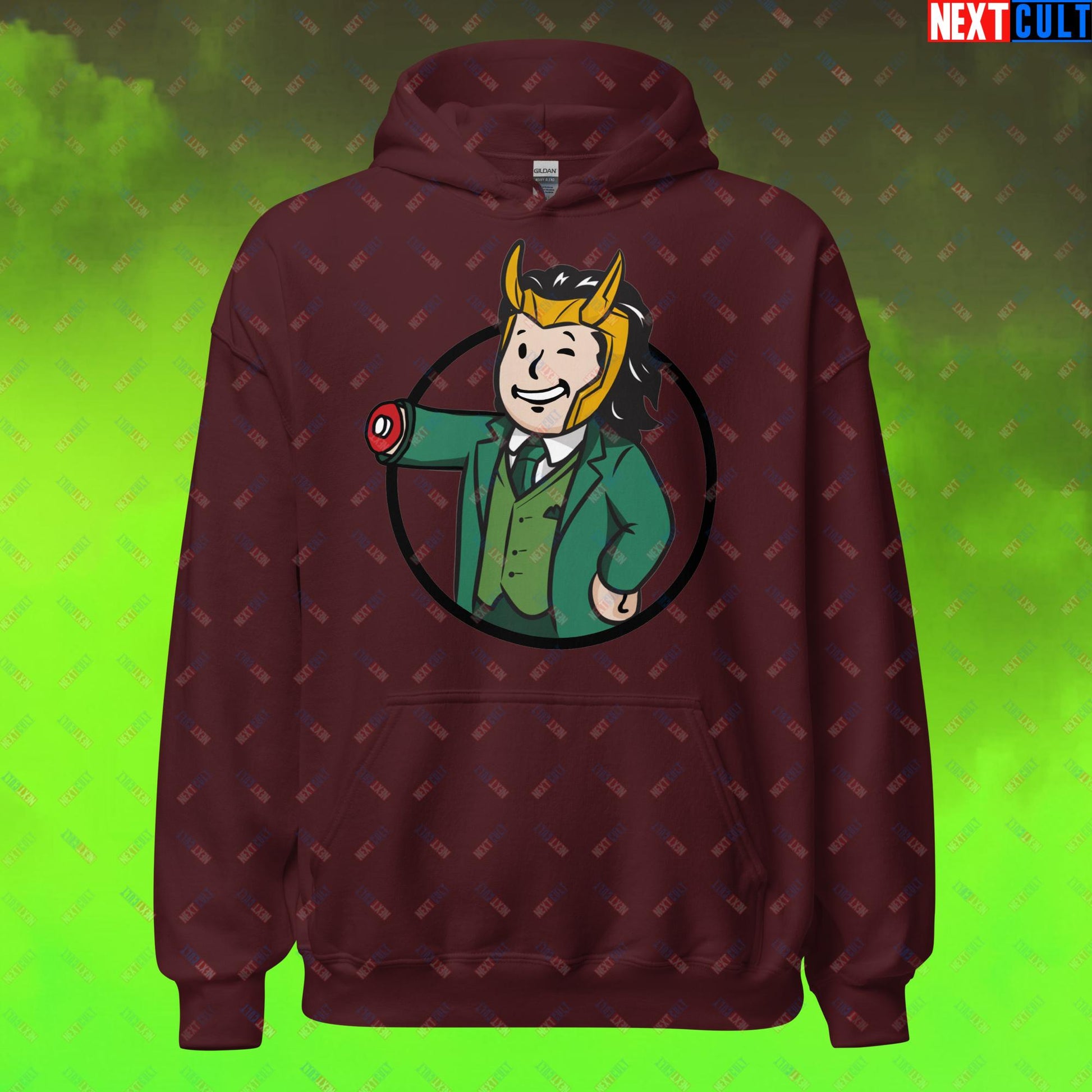 Loki Vault Boy Fallout Funny Meme Cartoon Mashup Unisex Hoodie Maroon Hoodies Fallout Loki Movies Superheroes Tom Hiddleston TV Shows Vault Boy Next Cult Brand