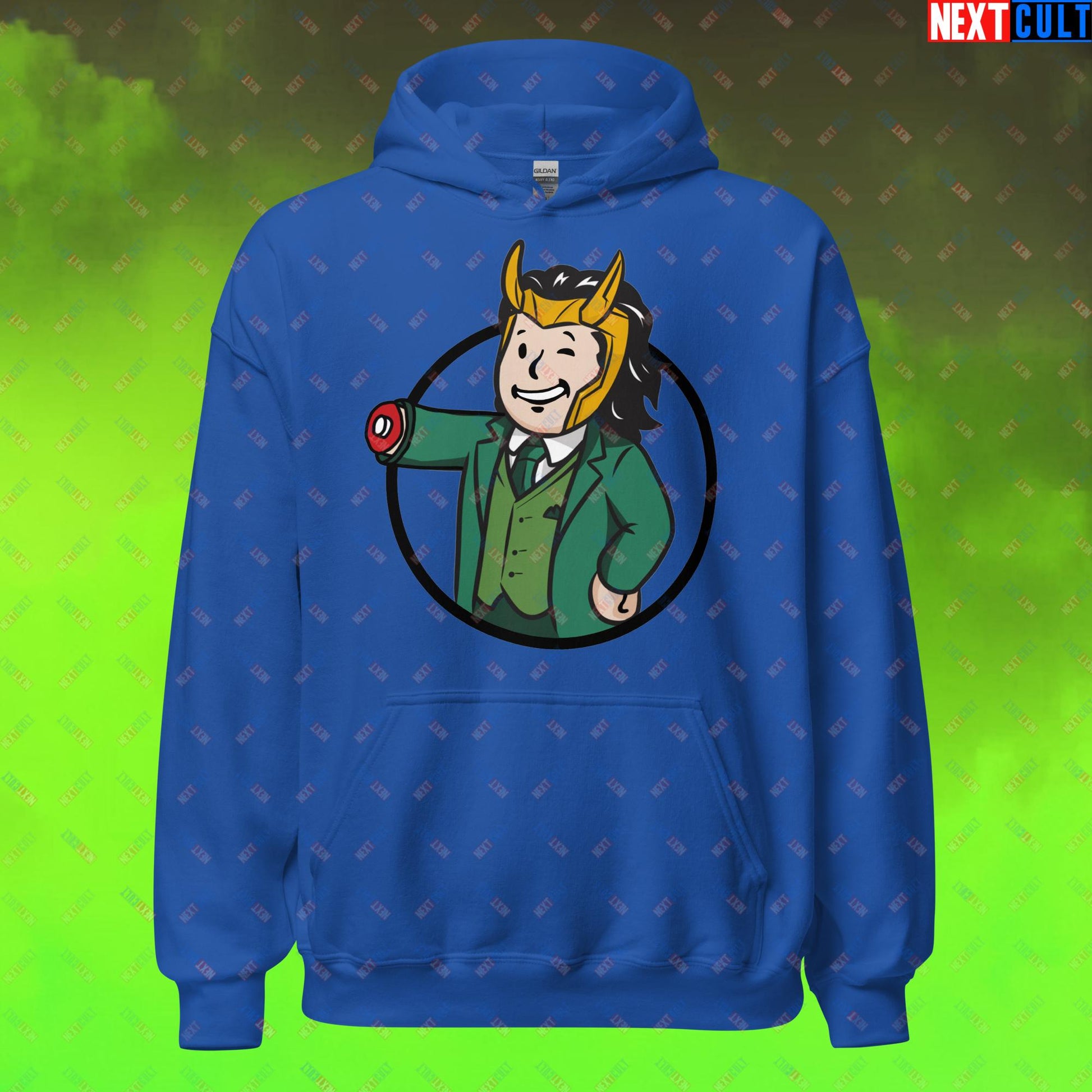 Loki Vault Boy Fallout Funny Meme Cartoon Mashup Unisex Hoodie Royal Hoodies Fallout Loki Movies Superheroes Tom Hiddleston TV Shows Vault Boy Next Cult Brand