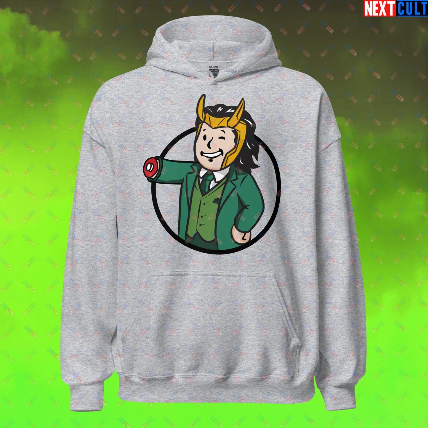 Loki Vault Boy Fallout Funny Meme Cartoon Mashup Unisex Hoodie Sport Grey Hoodies Fallout Loki Movies Superheroes Tom Hiddleston TV Shows Vault Boy Next Cult Brand