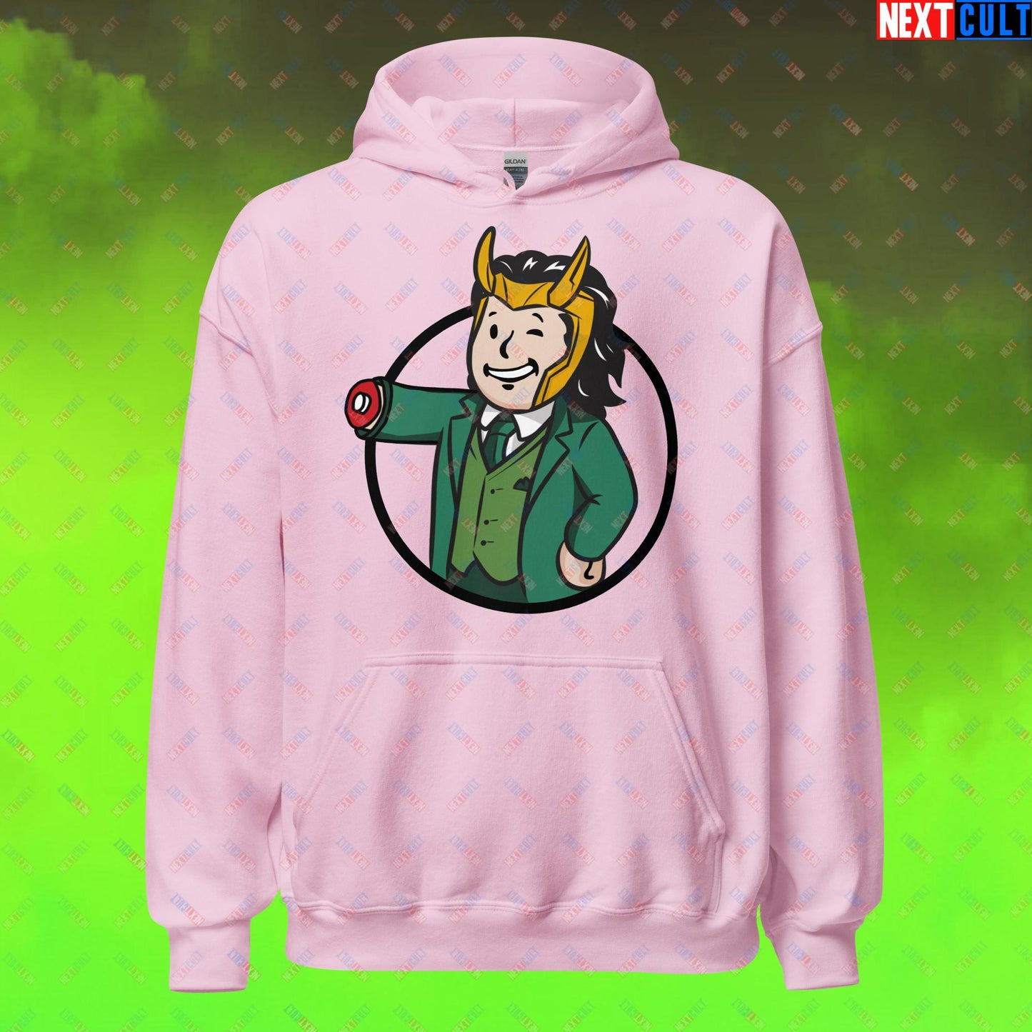 Loki Vault Boy Fallout Funny Meme Cartoon Mashup Unisex Hoodie Light Pink Hoodies Fallout Loki Movies Superheroes Tom Hiddleston TV Shows Vault Boy Next Cult Brand