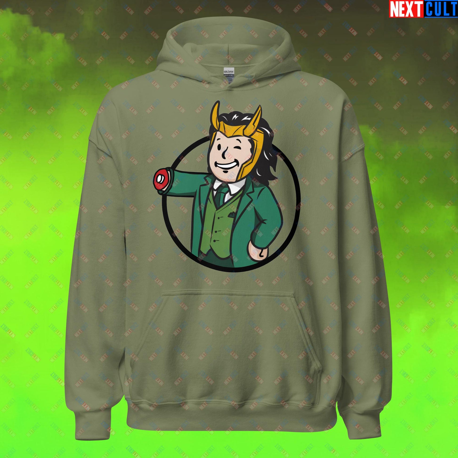 Loki Vault Boy Fallout Funny Meme Cartoon Mashup Unisex Hoodie Military Green Hoodies Fallout Loki Movies Superheroes Tom Hiddleston TV Shows Vault Boy Next Cult Brand