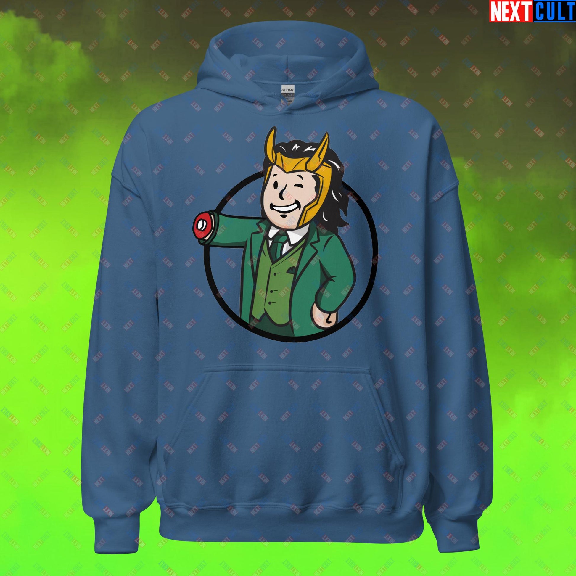 Loki Vault Boy Fallout Funny Meme Cartoon Mashup Unisex Hoodie Indigo Blue Hoodies Fallout Loki Movies Superheroes Tom Hiddleston TV Shows Vault Boy Next Cult Brand