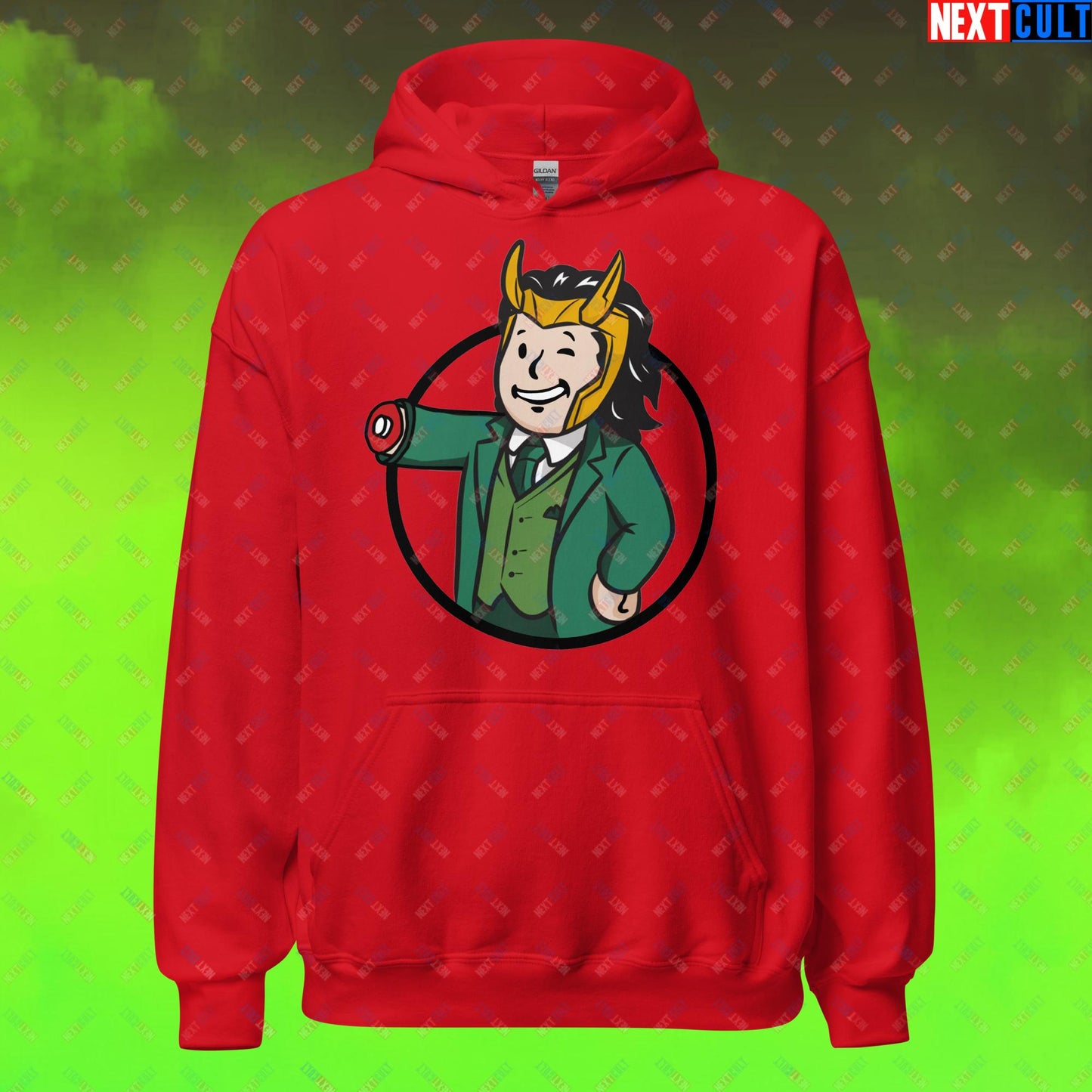 Loki Vault Boy Fallout Funny Meme Cartoon Mashup Unisex Hoodie Red Hoodies Fallout Loki Movies Superheroes Tom Hiddleston TV Shows Vault Boy Next Cult Brand