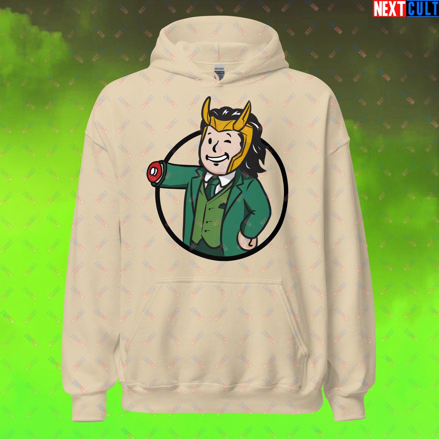 Loki Vault Boy Fallout Funny Meme Cartoon Mashup Unisex Hoodie Sand Hoodies Fallout Loki Movies Superheroes Tom Hiddleston TV Shows Vault Boy Next Cult Brand