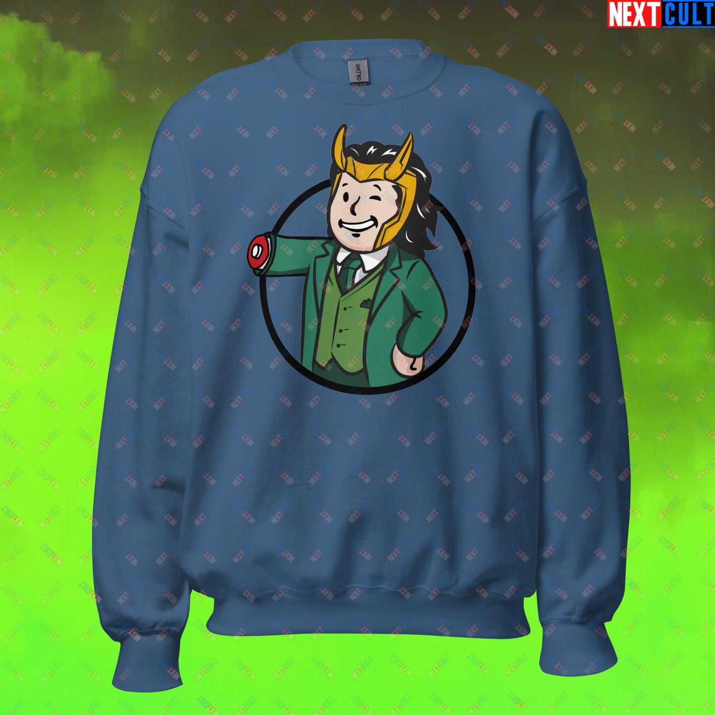 Loki Vault Boy Fallout Funny Meme Cartoon Mashup Unisex Sweatshirt Indigo Blue Sweatshirts Fallout Loki Movies Superheroes Tom Hiddleston TV Shows Vault Boy Next Cult Brand