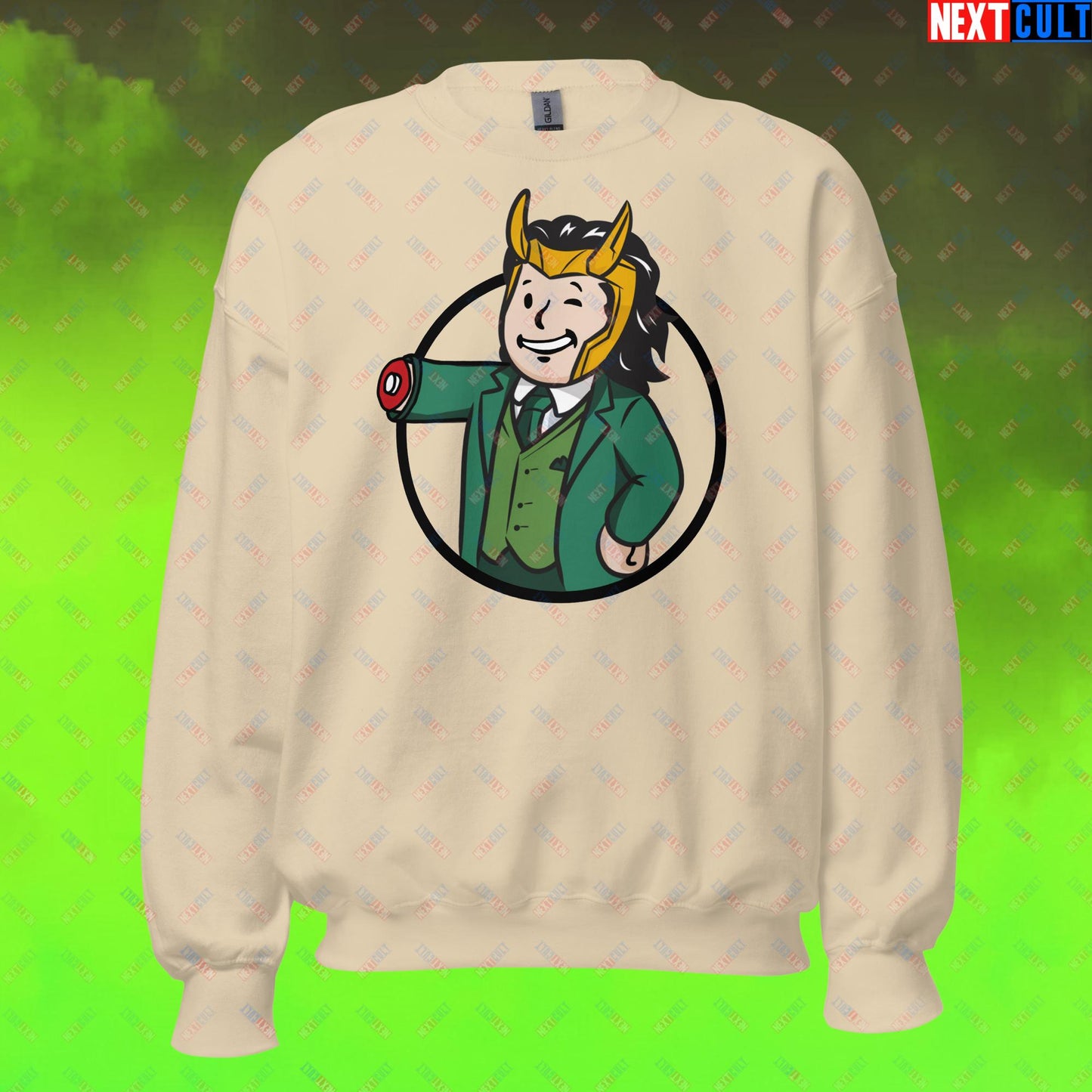 Loki Vault Boy Fallout Funny Meme Cartoon Mashup Unisex Sweatshirt Sand Sweatshirts Fallout Loki Movies Superheroes Tom Hiddleston TV Shows Vault Boy Next Cult Brand