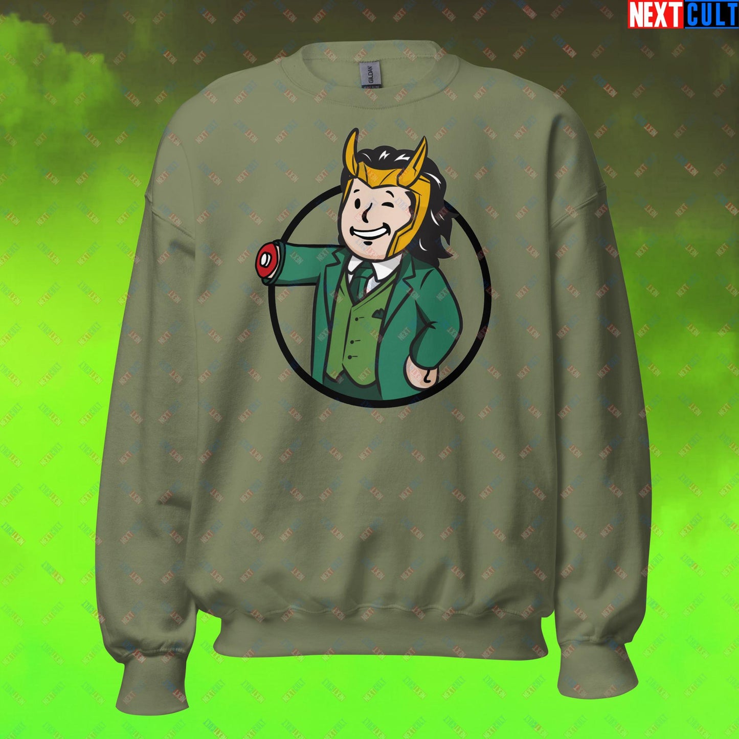 Loki Vault Boy Fallout Funny Meme Cartoon Mashup Unisex Sweatshirt Military Green Sweatshirts Fallout Loki Movies Superheroes Tom Hiddleston TV Shows Vault Boy Next Cult Brand