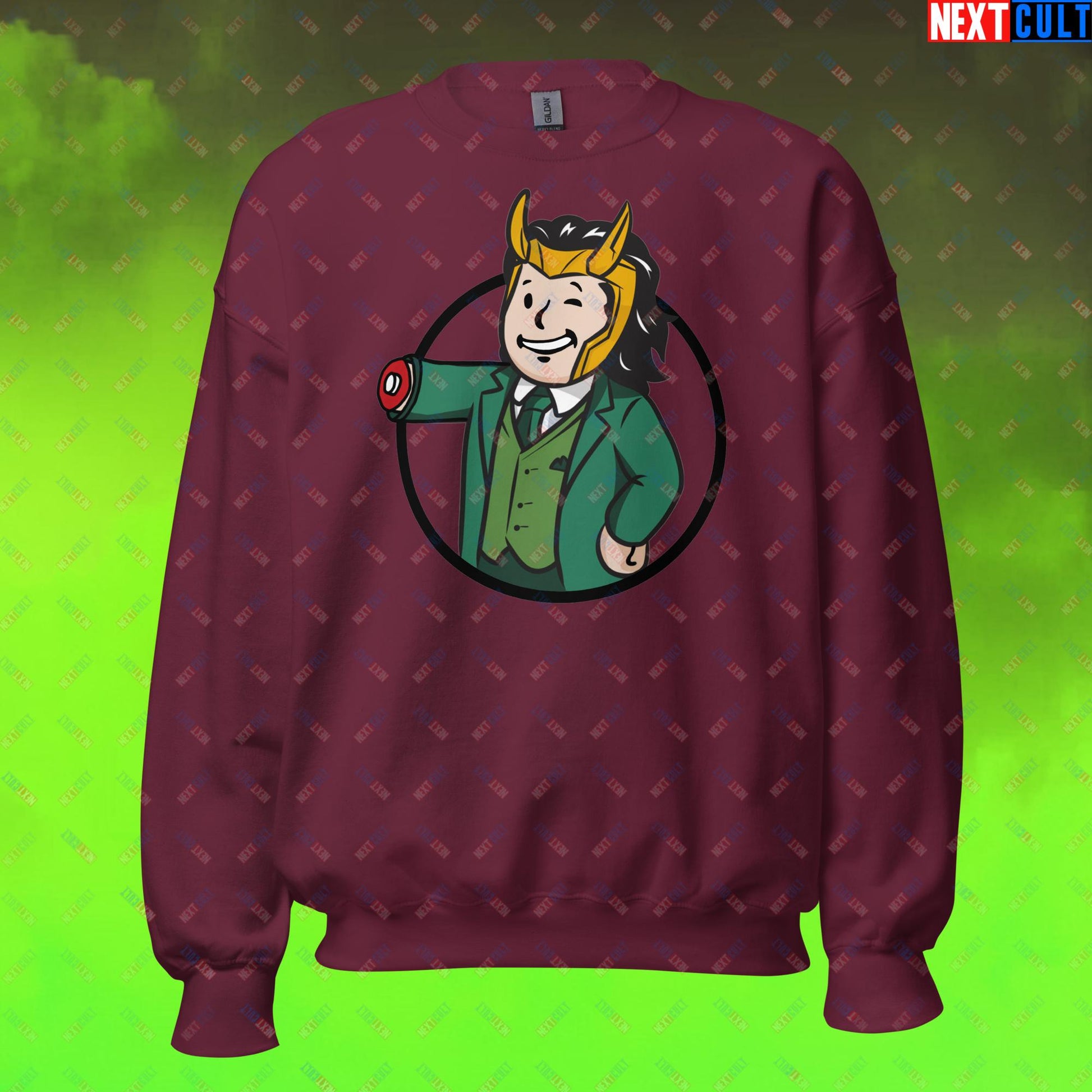 Loki Vault Boy Fallout Funny Meme Cartoon Mashup Unisex Sweatshirt Maroon Sweatshirts Fallout Loki Movies Superheroes Tom Hiddleston TV Shows Vault Boy Next Cult Brand