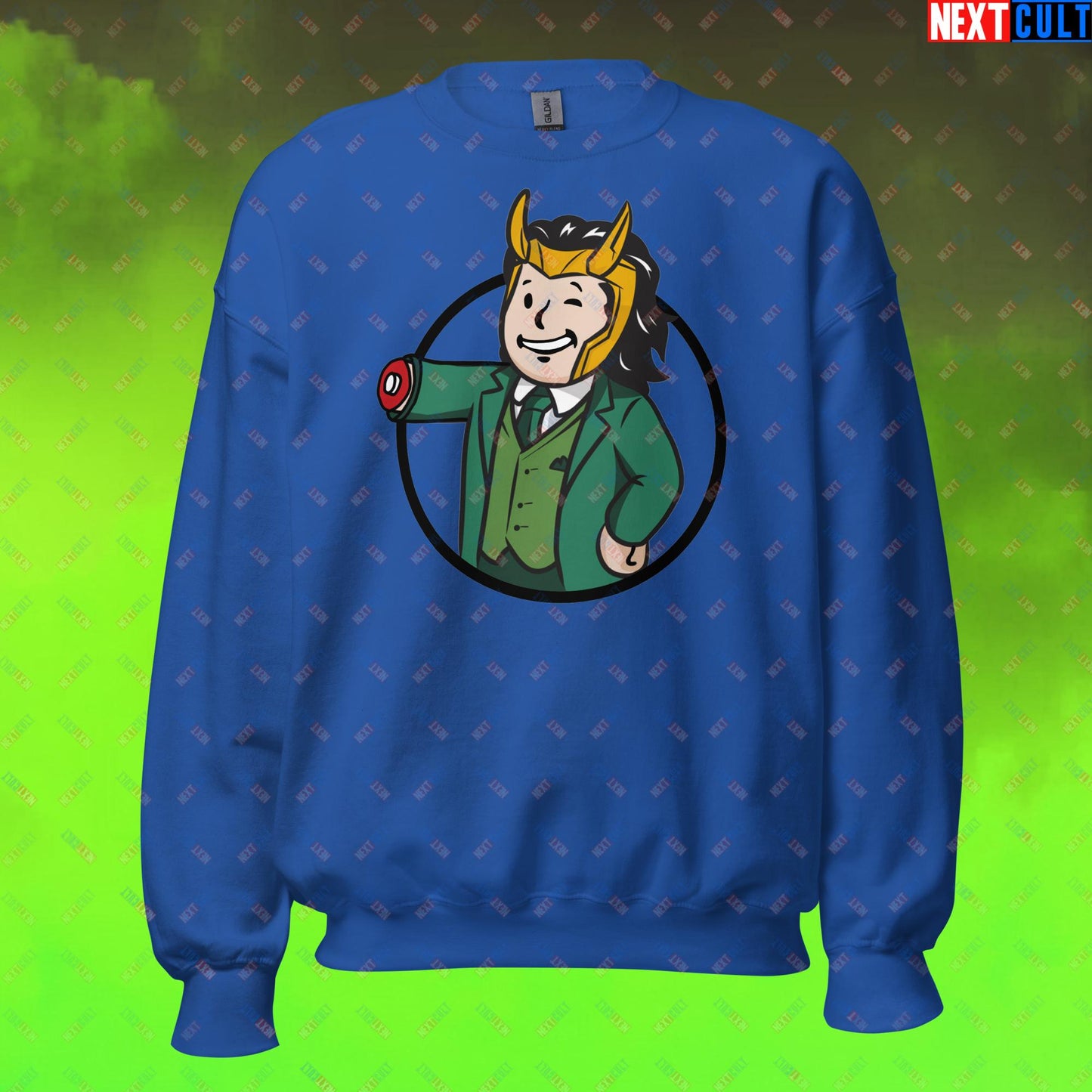 Loki Vault Boy Fallout Funny Meme Cartoon Mashup Unisex Sweatshirt Royal Sweatshirts Fallout Loki Movies Superheroes Tom Hiddleston TV Shows Vault Boy Next Cult Brand