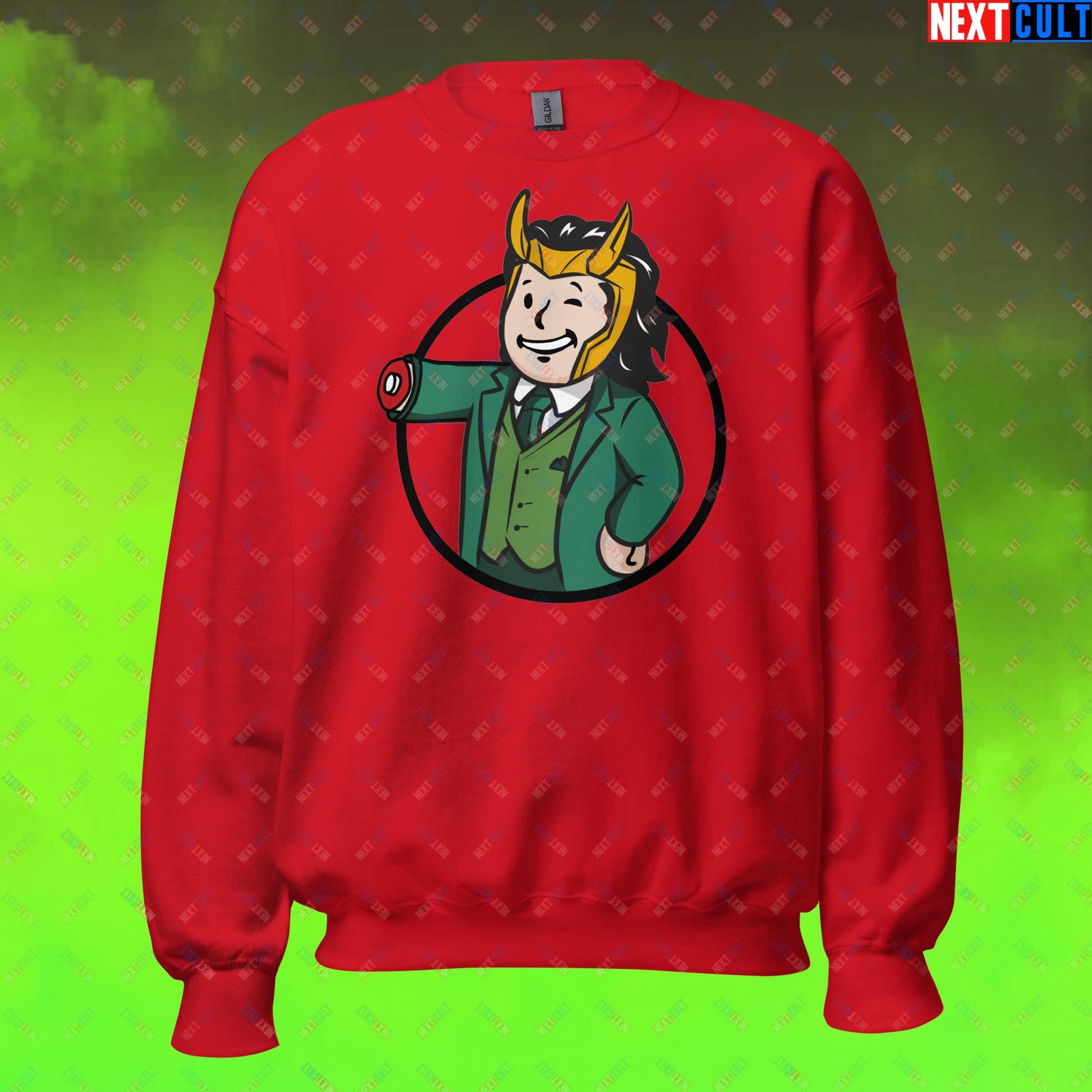 Loki Vault Boy Fallout Funny Meme Cartoon Mashup Unisex Sweatshirt Red Sweatshirts Fallout Loki Movies Superheroes Tom Hiddleston TV Shows Vault Boy Next Cult Brand