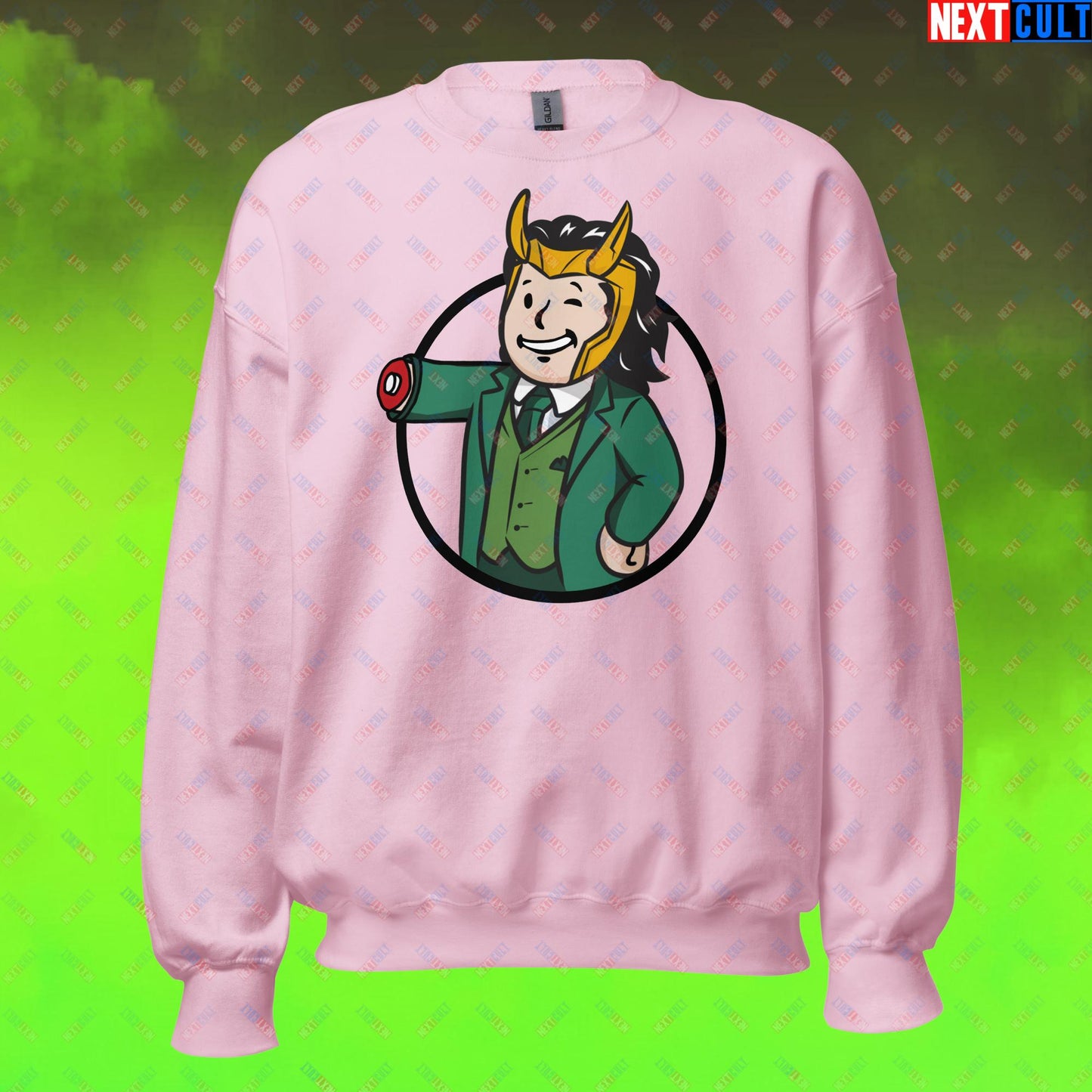 Loki Vault Boy Fallout Funny Meme Cartoon Mashup Unisex Sweatshirt Light Pink Sweatshirts Fallout Loki Movies Superheroes Tom Hiddleston TV Shows Vault Boy Next Cult Brand