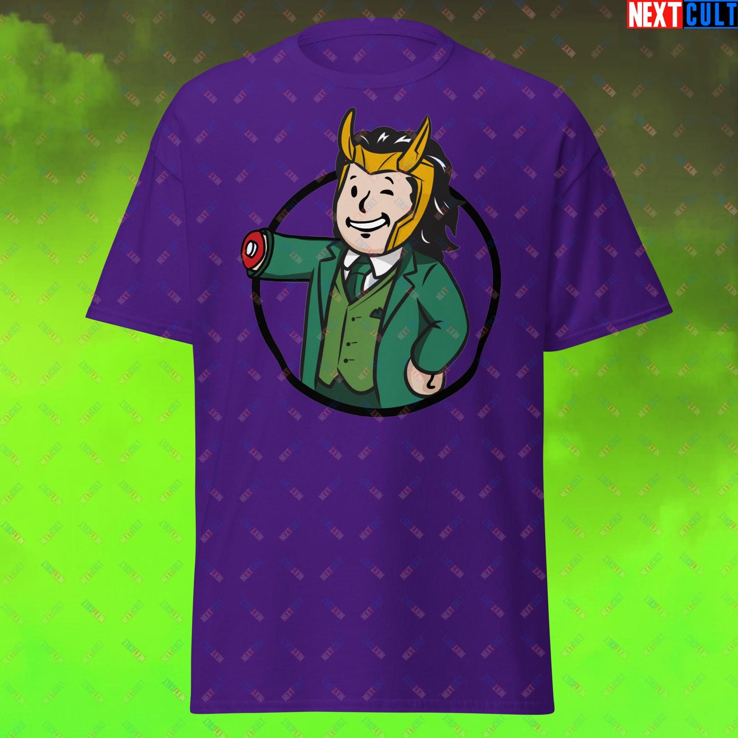 Loki Vault Boy Fallout Funny Meme Cartoon Mashup Unisex tee Purple T-shirts Fallout Loki Movies Superheroes Tom Hiddleston TV Shows Vault Boy Next Cult Brand