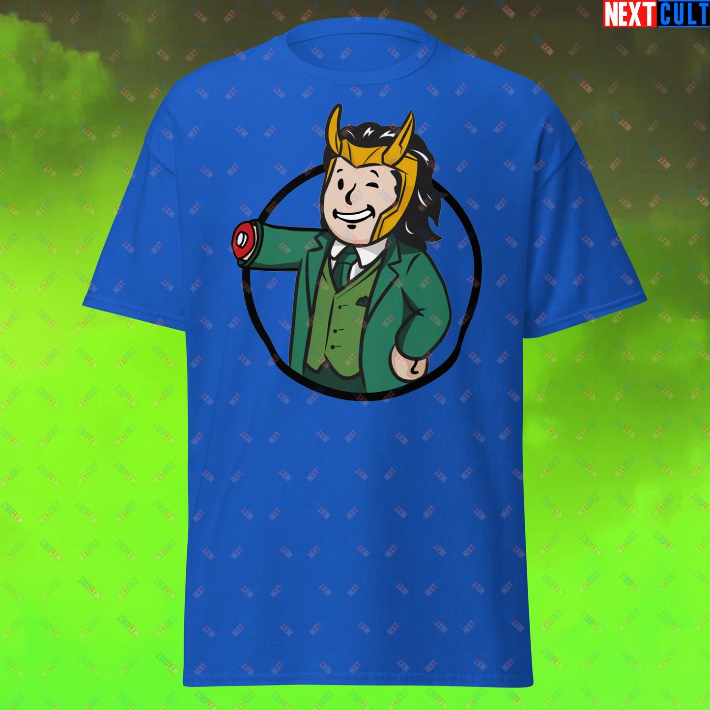 Loki Vault Boy Fallout Funny Meme Cartoon Mashup Unisex tee Next Cult Brand