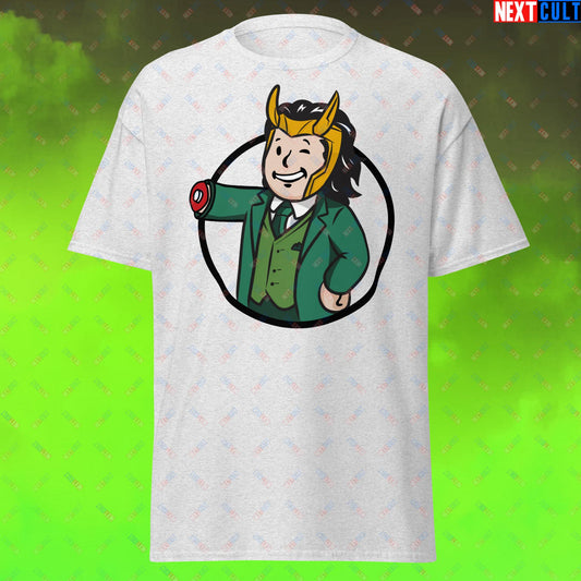 Loki Vault Boy Fallout Funny Meme Cartoon Mashup Unisex tee Ash T-shirts Fallout Loki Movies Superheroes Tom Hiddleston TV Shows Vault Boy Next Cult Brand