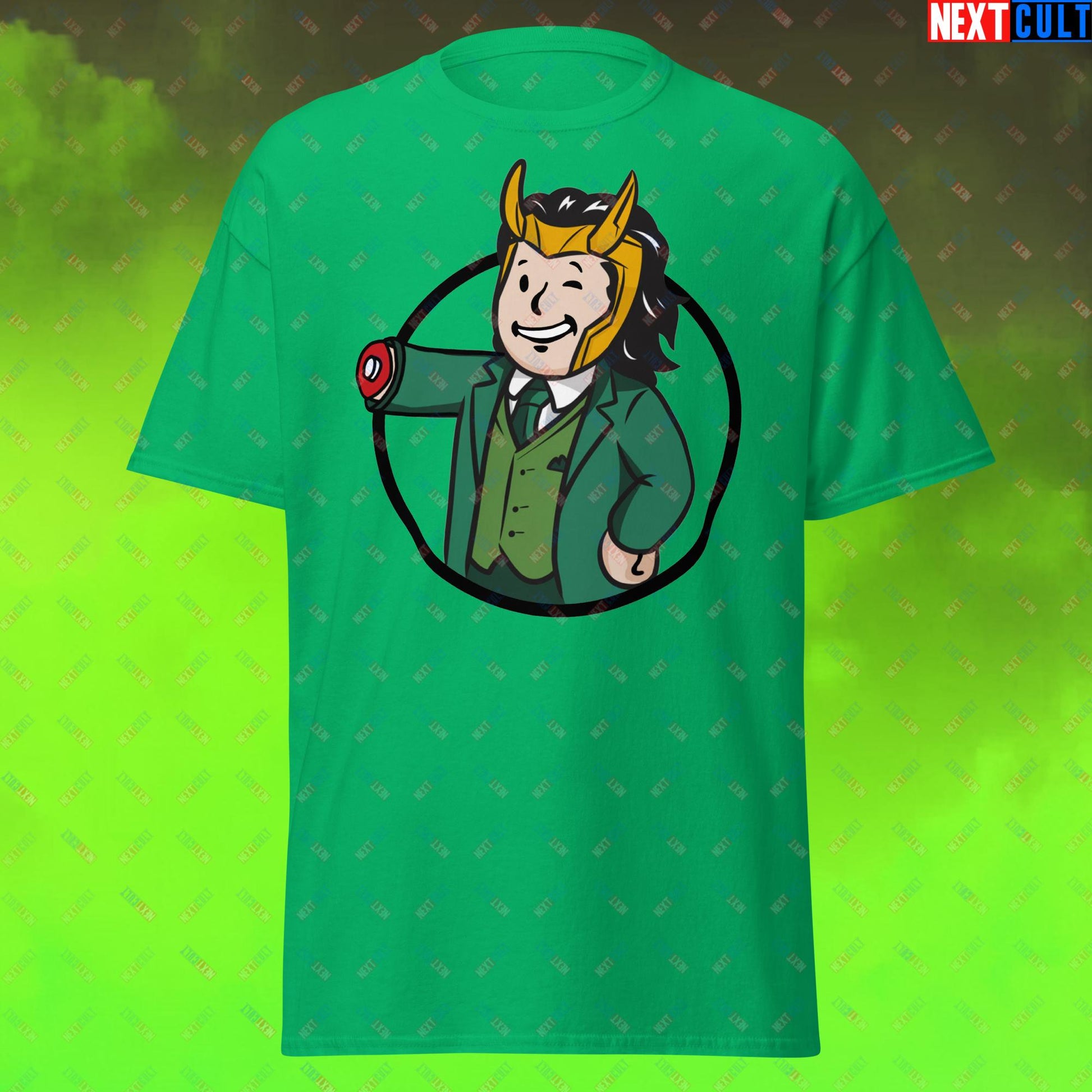 Loki Vault Boy Fallout Funny Meme Cartoon Mashup Unisex tee Irish Green T-shirts Fallout Loki Movies Superheroes Tom Hiddleston TV Shows Vault Boy Next Cult Brand