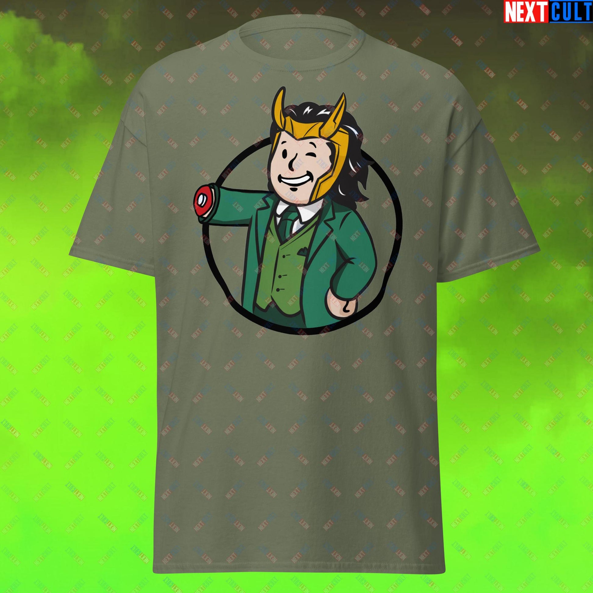 Loki Vault Boy Fallout Funny Meme Cartoon Mashup Unisex tee Military Green T-shirts Fallout Loki Movies Superheroes Tom Hiddleston TV Shows Vault Boy Next Cult Brand