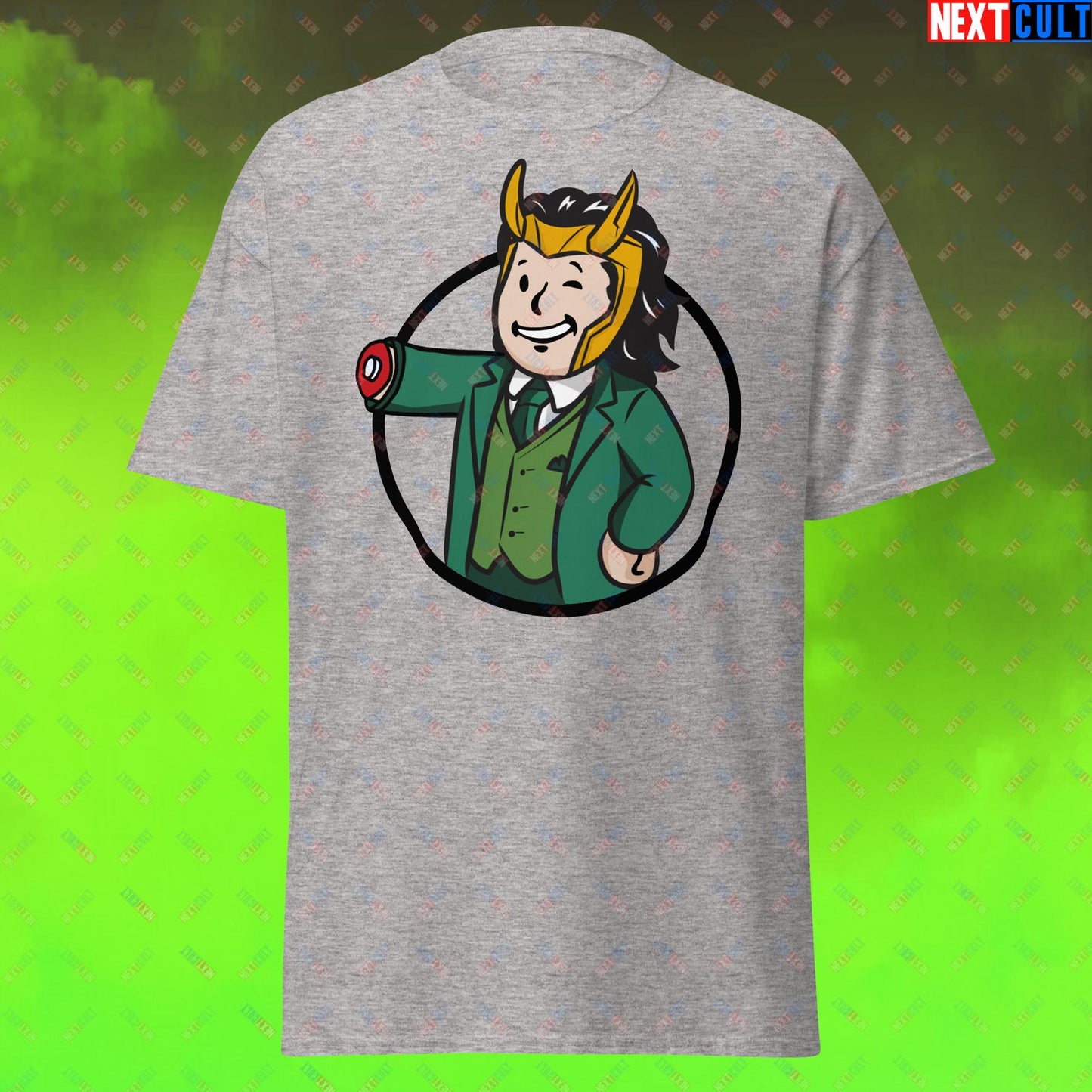 Loki Vault Boy Fallout Funny Meme Cartoon Mashup Unisex tee Sport Grey T-shirts Fallout Loki Movies Superheroes Tom Hiddleston TV Shows Vault Boy Next Cult Brand