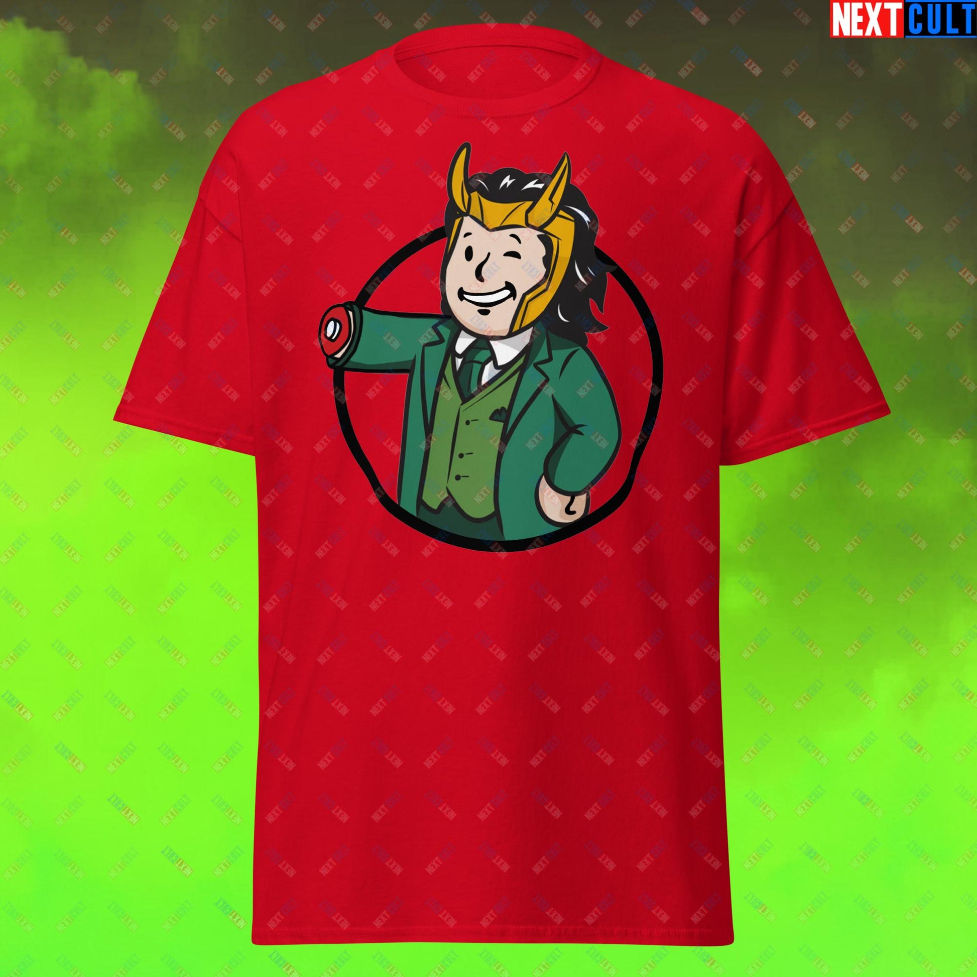 Loki Vault Boy Fallout Funny Meme Cartoon Mashup Unisex tee Red T-shirts Fallout Loki Movies Superheroes Tom Hiddleston TV Shows Vault Boy Next Cult Brand