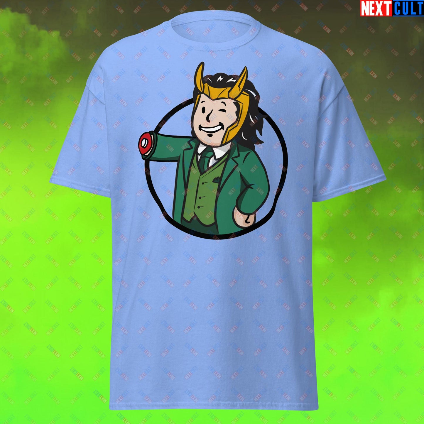 Loki Vault Boy Fallout Funny Meme Cartoon Mashup Unisex tee Carolina Blue T-shirts Fallout Loki Movies Superheroes Tom Hiddleston TV Shows Vault Boy Next Cult Brand