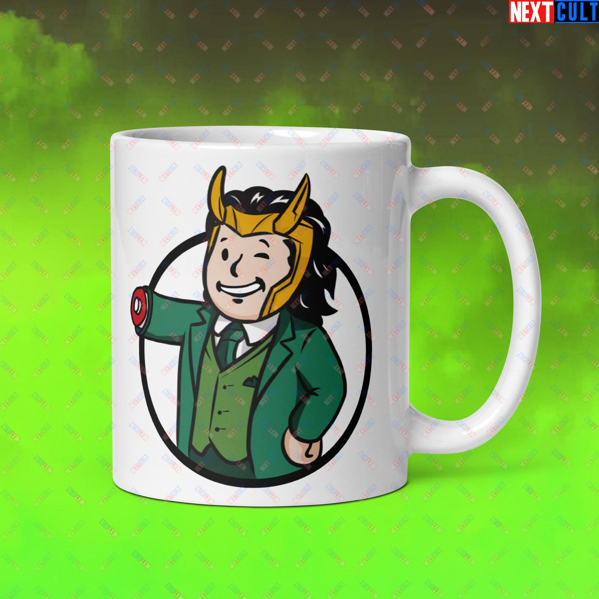 Loki Vault Boy Fallout Funny Meme Cartoon Mashup White glossy mug Next Cult Brand