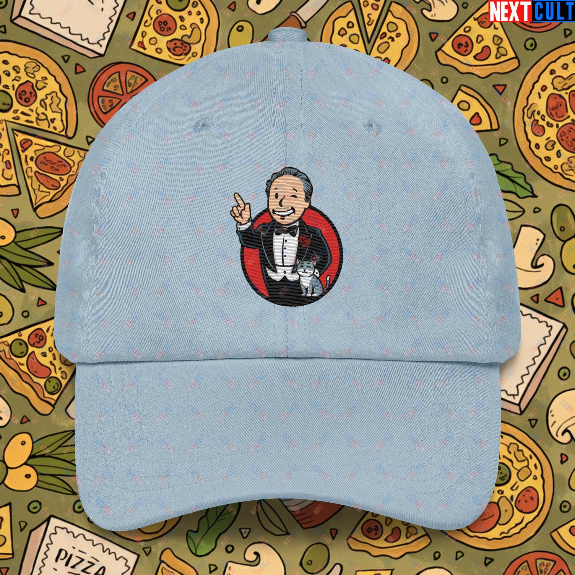 Mafia Boy The Godfather Fallout Funny Meme Cartoon Mashup Dad hat Light Blue Hats Fallout Movies The Godfather Vault Boy Next Cult Brand