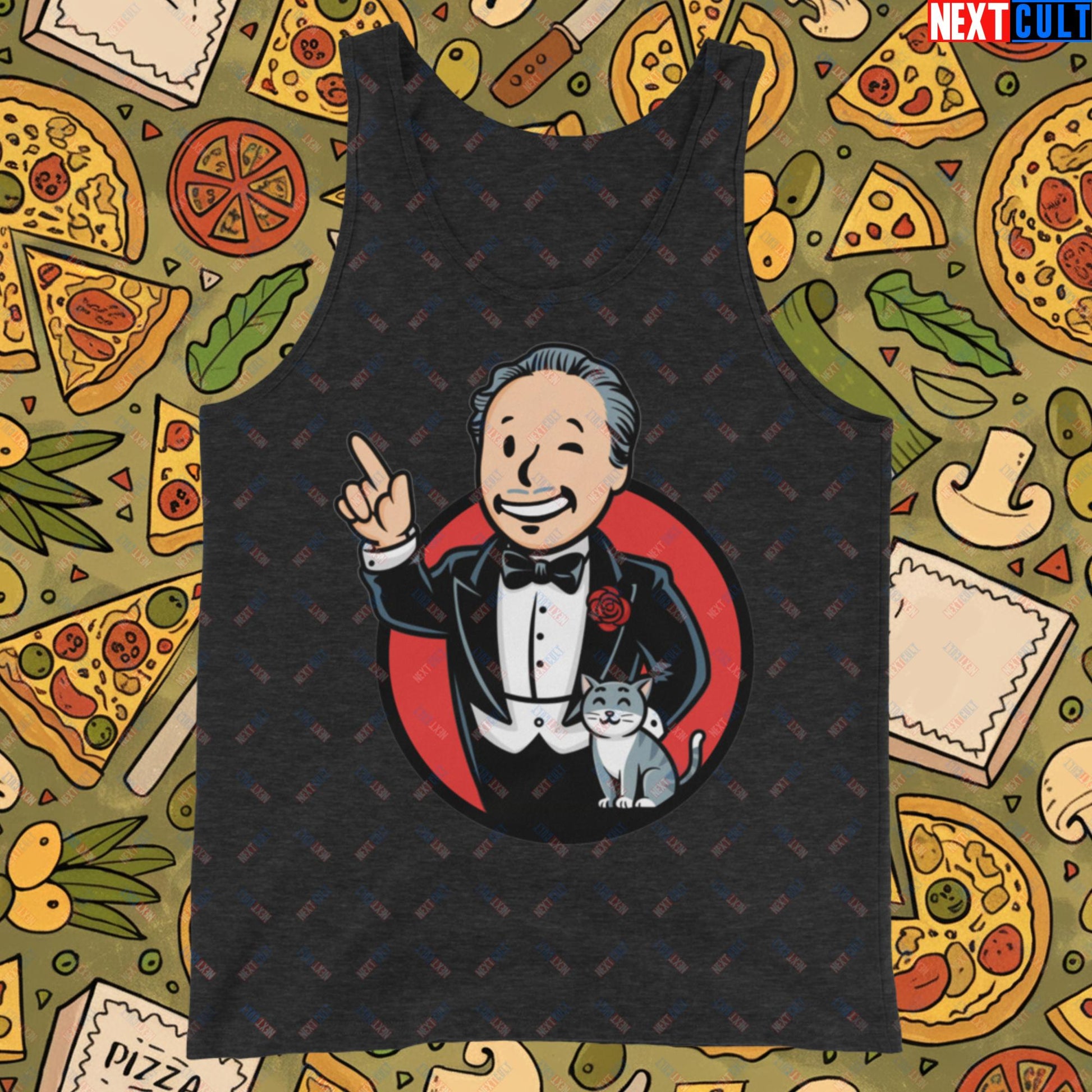 Mafia Boy The Godfather Fallout Funny Meme Cartoon Mashup Tank Top Charcoal-Black Triblend Tank Tops Fallout Movies The Godfather Vault Boy Next Cult Brand