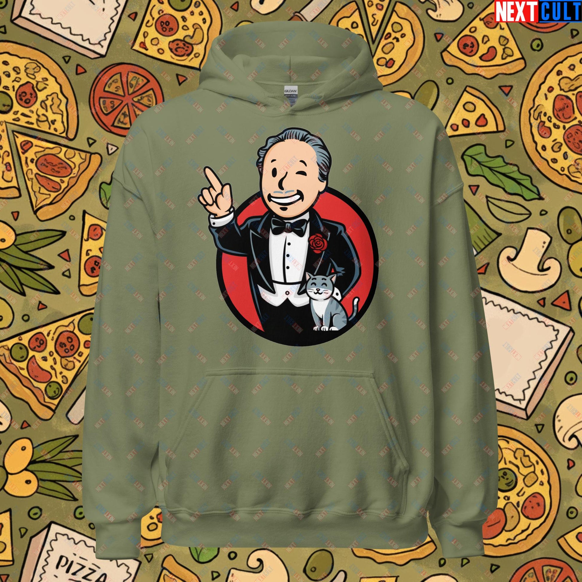 Mafia Boy The Godfather Fallout Funny Meme Cartoon Mashup Unisex Hoodie Military Green Hoodies Fallout Movies The Godfather Vault Boy Next Cult Brand