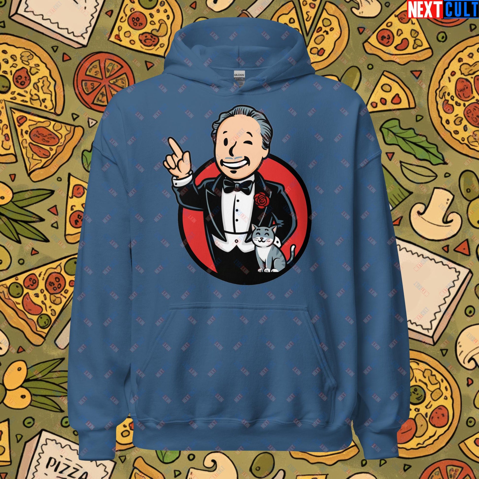 Mafia Boy The Godfather Fallout Funny Meme Cartoon Mashup Unisex Hoodie Indigo Blue Hoodies Fallout Movies The Godfather Vault Boy Next Cult Brand