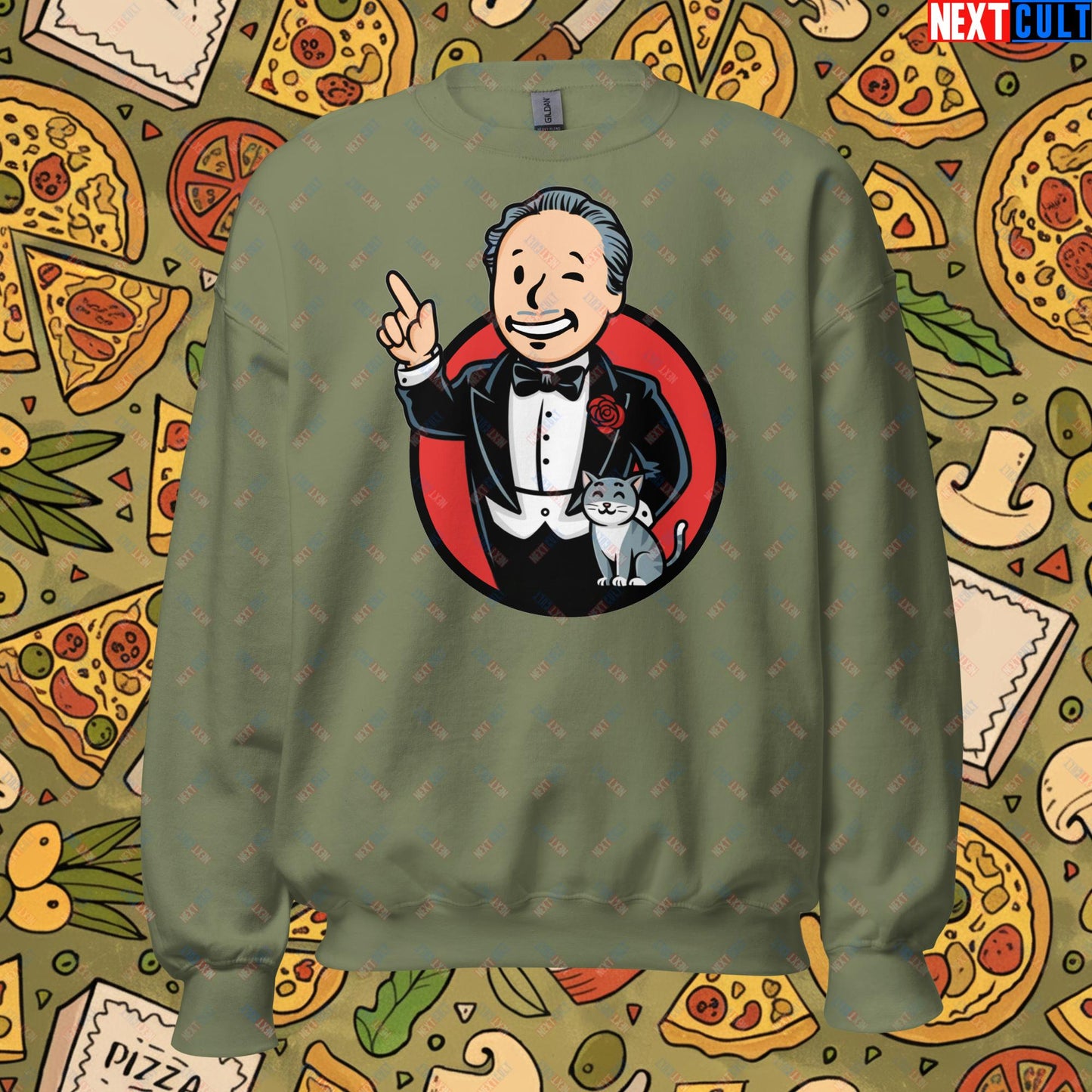 Mafia Boy The Godfather Fallout Funny Meme Cartoon Mashup Unisex Sweatshirt Military Green Sweatshirts Fallout Movies The Godfather Vault Boy Next Cult Brand