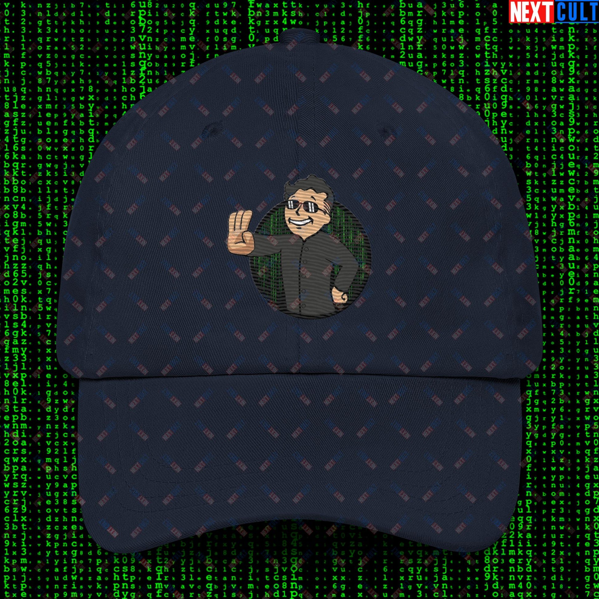 Matrix Vault Boy Fallout Funny Meme Cartoon Mashup Dad hat Navy Hats Fallout Keanu Reeves Matrix Movies Vault Boy Next Cult Brand