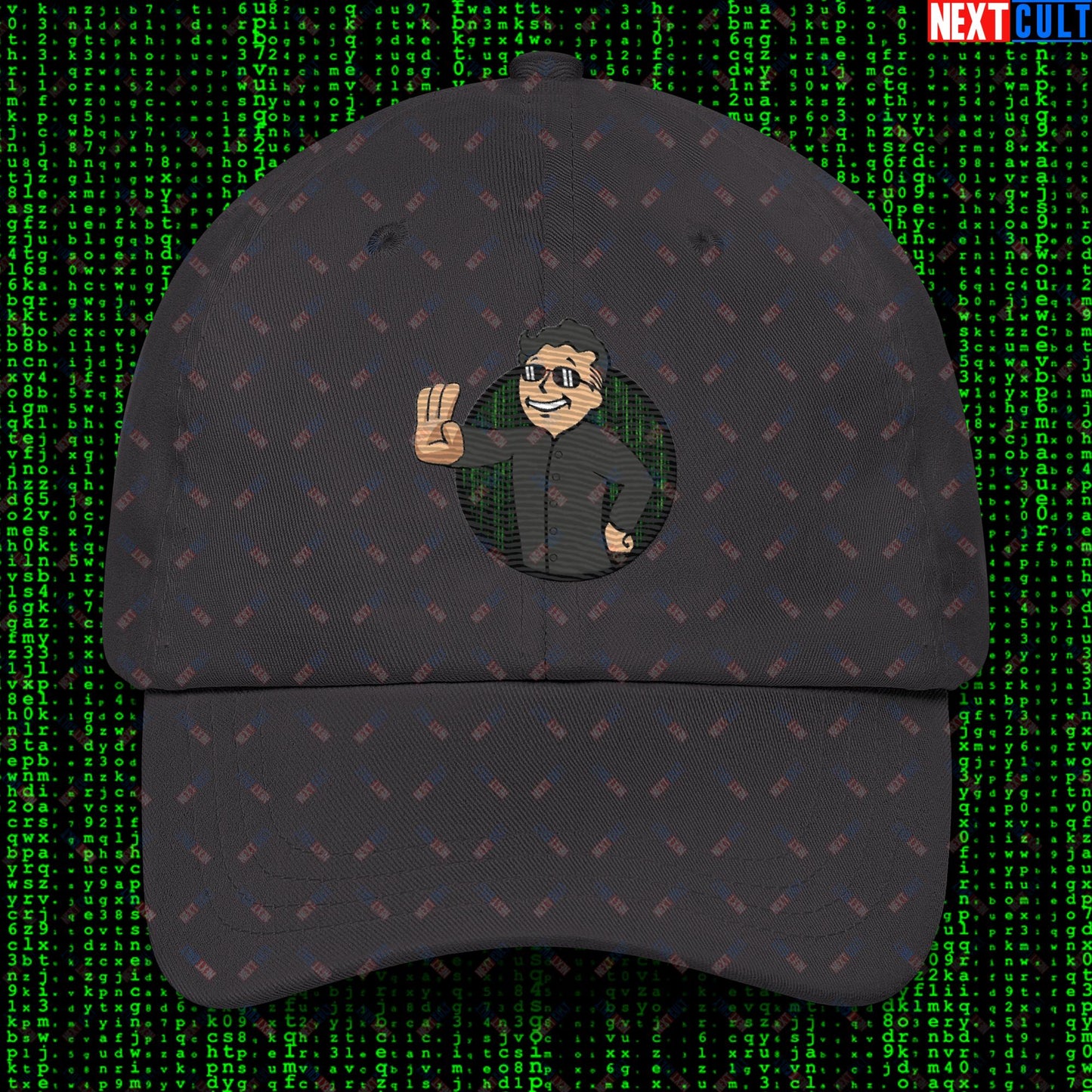 Matrix Vault Boy Fallout Funny Meme Cartoon Mashup Dad hat Dark Grey Hats Fallout Keanu Reeves Matrix Movies Vault Boy Next Cult Brand