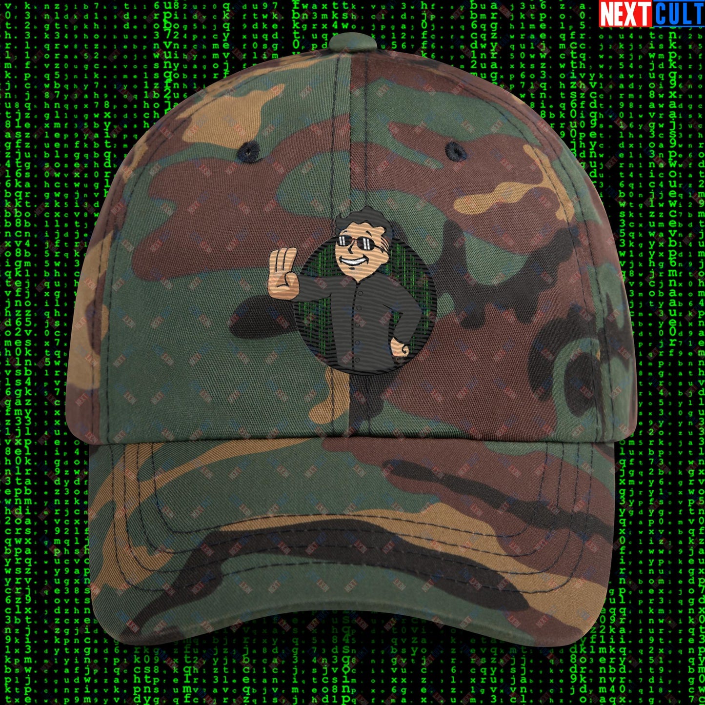 Matrix Vault Boy Fallout Funny Meme Cartoon Mashup Dad hat Green Camo Hats Fallout Keanu Reeves Matrix Movies Vault Boy Next Cult Brand