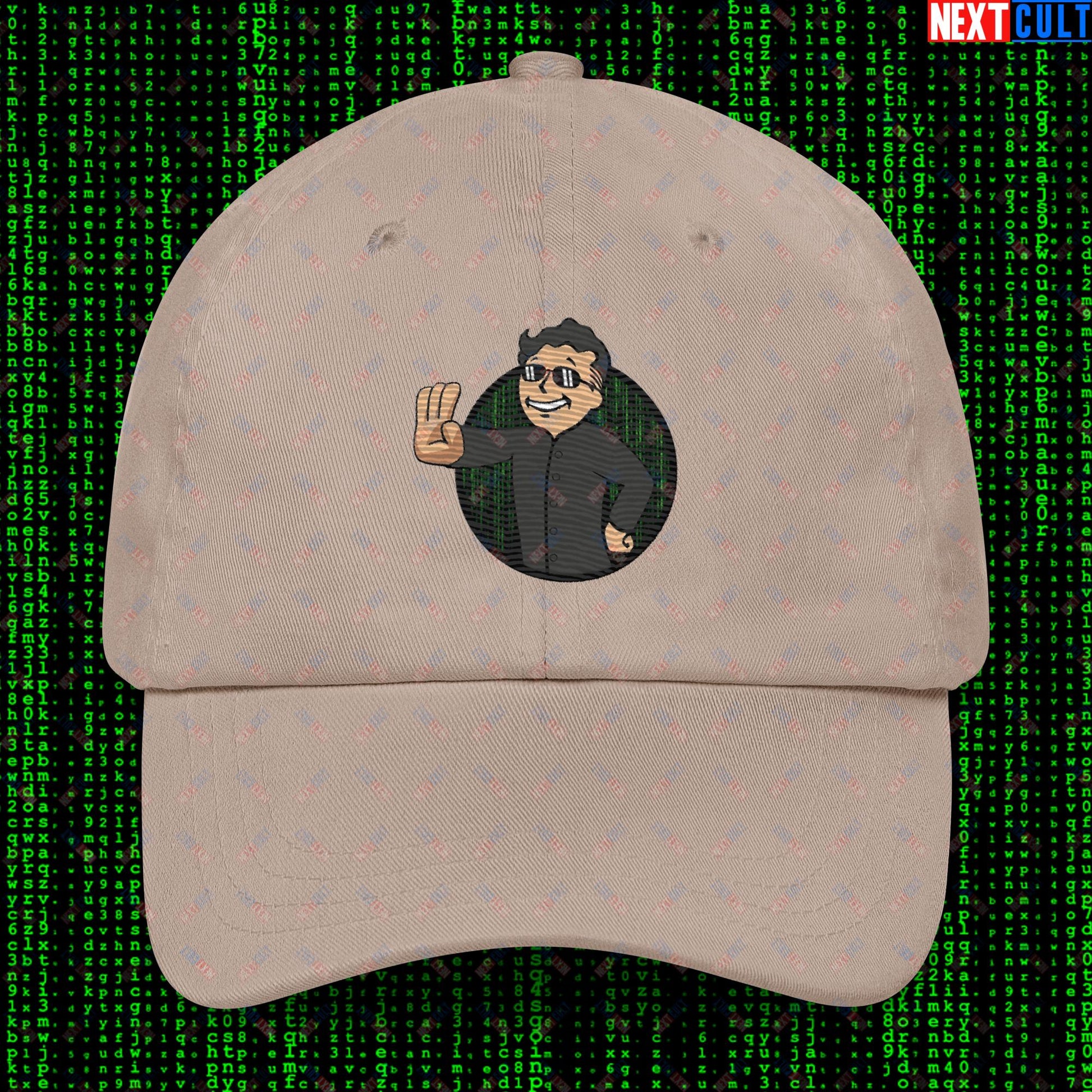 Matrix Vault Boy Fallout Funny Meme Cartoon Mashup Dad hat Stone Hats Fallout Keanu Reeves Matrix Movies Vault Boy Next Cult Brand