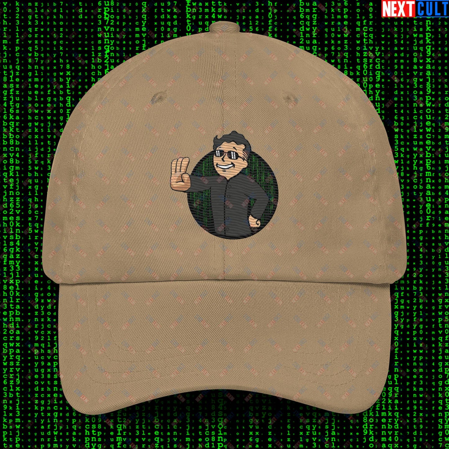 Matrix Vault Boy Fallout Funny Meme Cartoon Mashup Dad hat Khaki Hats Fallout Keanu Reeves Matrix Movies Vault Boy Next Cult Brand