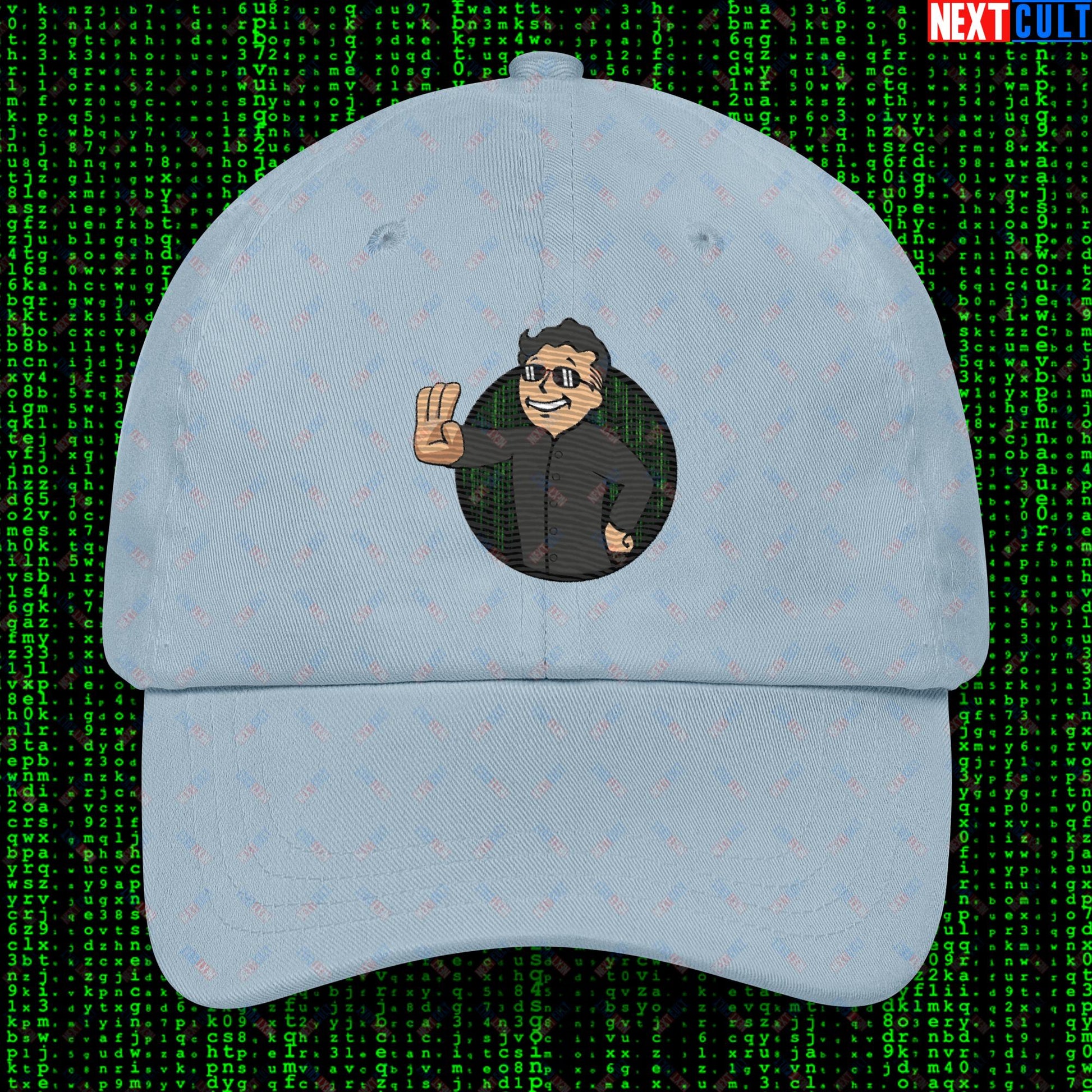 Matrix Vault Boy Fallout Funny Meme Cartoon Mashup Dad hat Light Blue Hats Fallout Keanu Reeves Matrix Movies Vault Boy Next Cult Brand