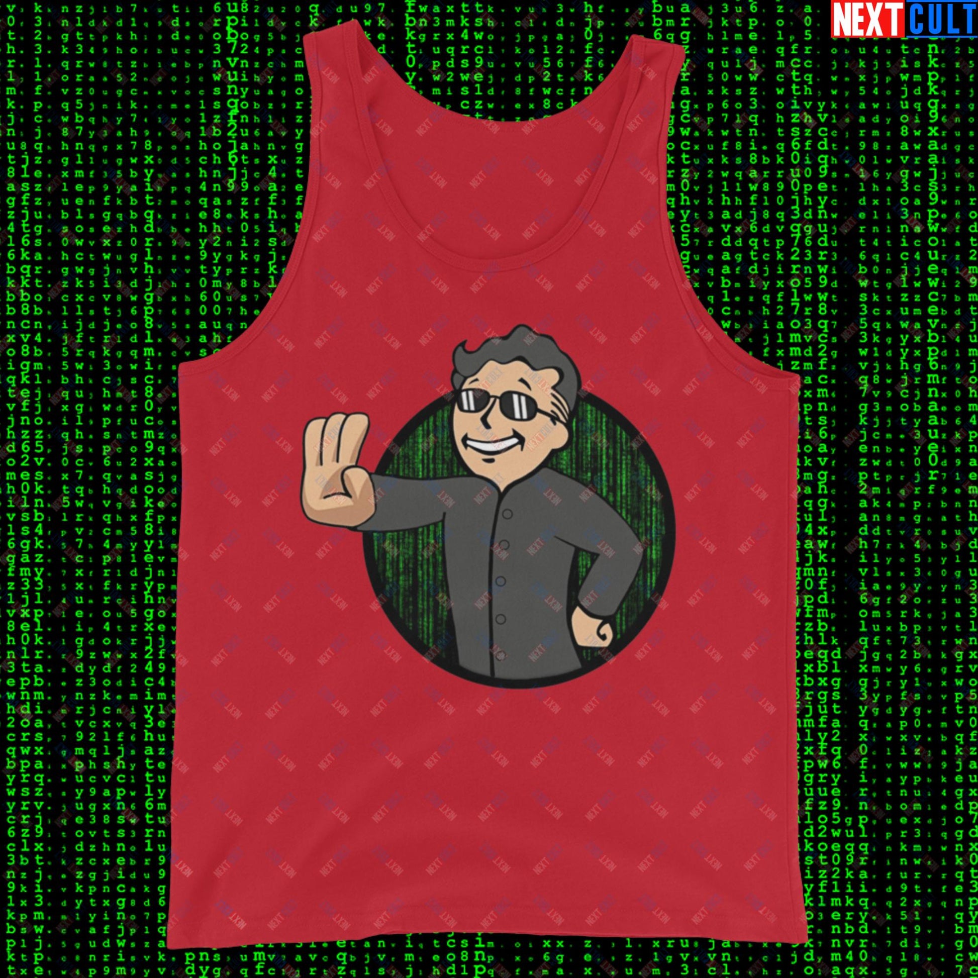 Matrix Vault Boy Fallout Funny Meme Cartoon Mashup Tank Top Red Tank Tops Fallout Keanu Reeves Matrix Movies Vault Boy Next Cult Brand