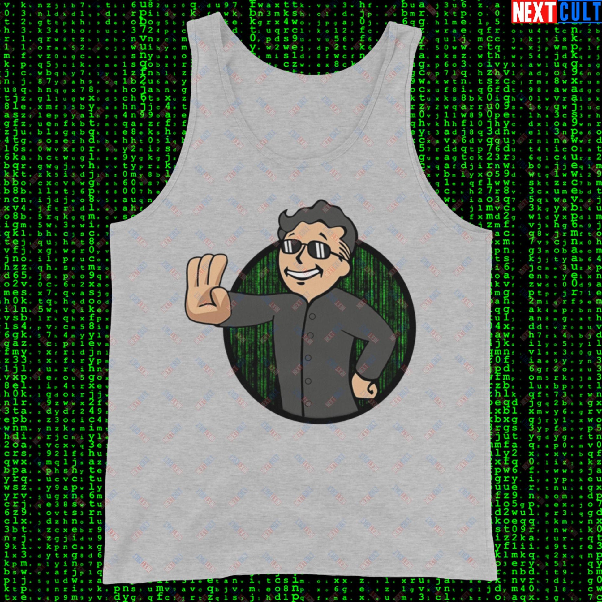 Matrix Vault Boy Fallout Funny Meme Cartoon Mashup Tank Top Athletic Heather Tank Tops Fallout Keanu Reeves Matrix Movies Vault Boy Next Cult Brand