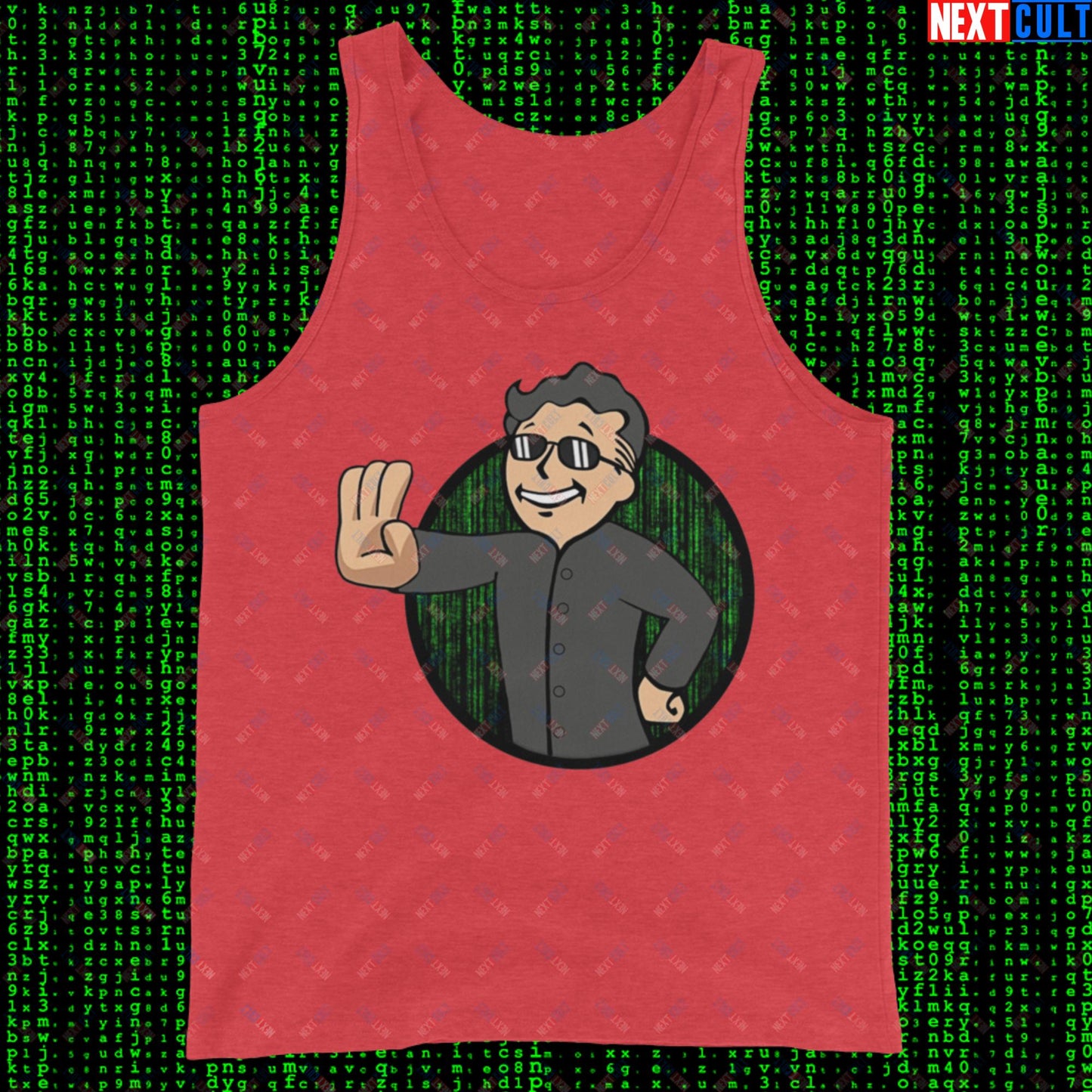 Matrix Vault Boy Fallout Funny Meme Cartoon Mashup Tank Top Red Triblend Tank Tops Fallout Keanu Reeves Matrix Movies Vault Boy Next Cult Brand