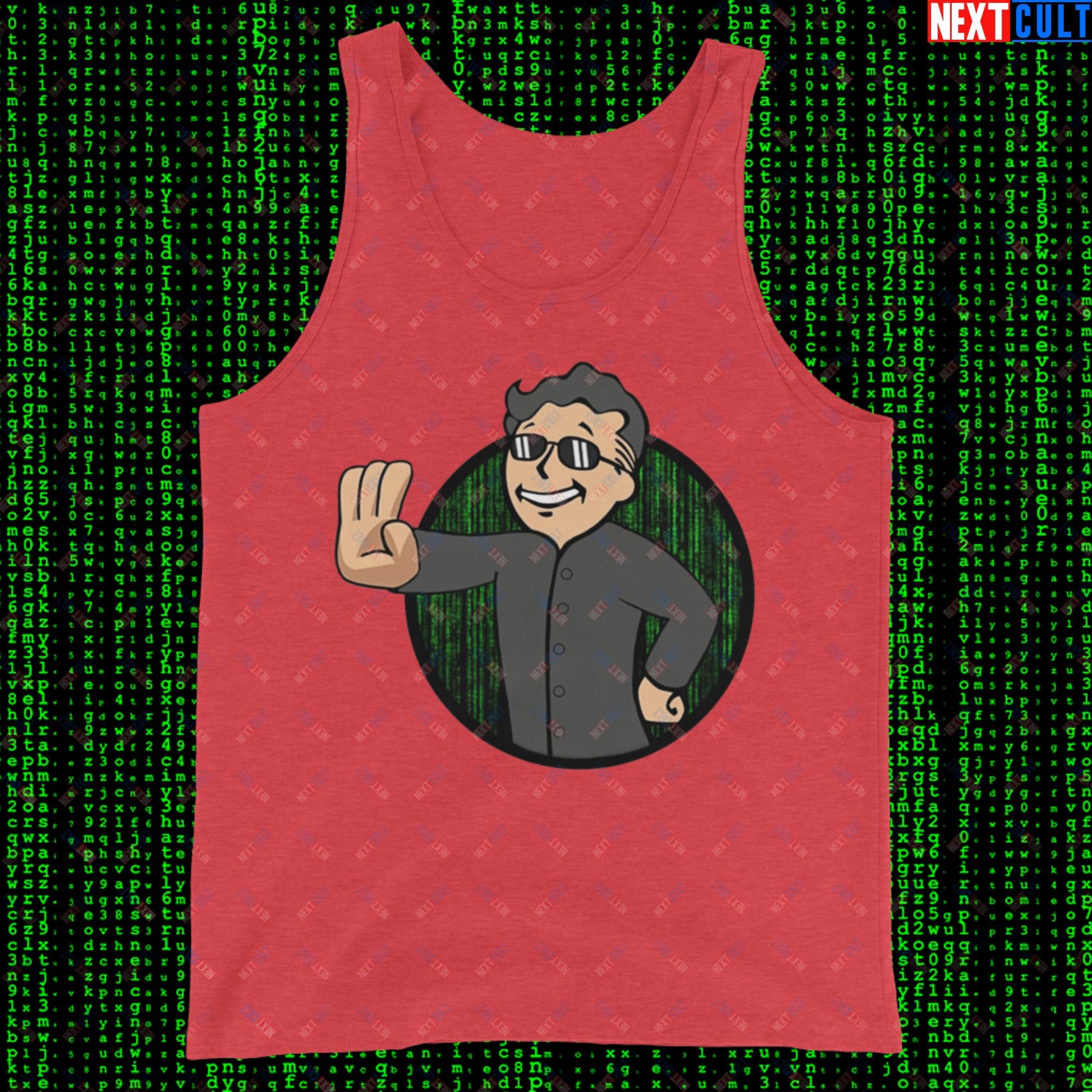 Matrix Vault Boy Fallout Funny Meme Cartoon Mashup Tank Top Red Triblend Tank Tops Fallout Keanu Reeves Matrix Movies Vault Boy Next Cult Brand