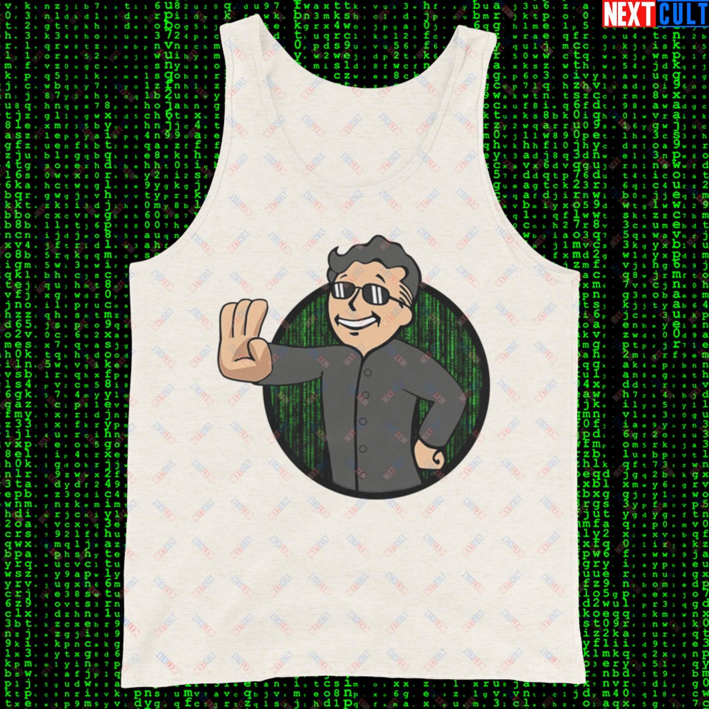 Matrix Vault Boy Fallout Funny Meme Cartoon Mashup Tank Top Oatmeal Triblend Tank Tops Fallout Keanu Reeves Matrix Movies Vault Boy Next Cult Brand