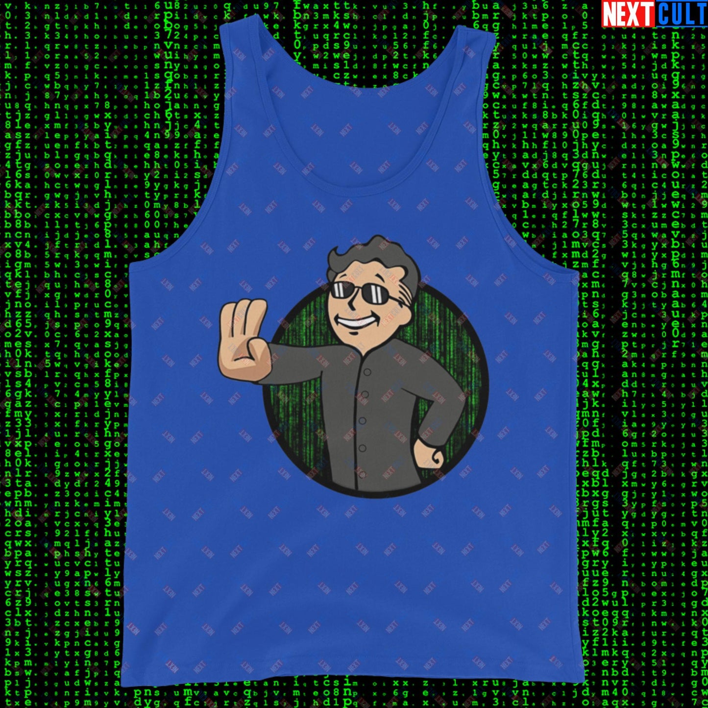 Matrix Vault Boy Fallout Funny Meme Cartoon Mashup Tank Top True Royal Tank Tops Fallout Keanu Reeves Matrix Movies Vault Boy Next Cult Brand