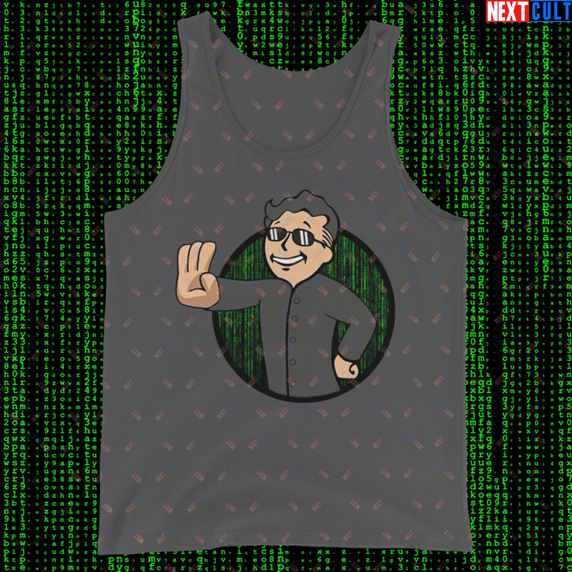 Matrix Vault Boy Fallout Funny Meme Cartoon Mashup Tank Top Asphalt Tank Tops Fallout Keanu Reeves Matrix Movies Vault Boy Next Cult Brand