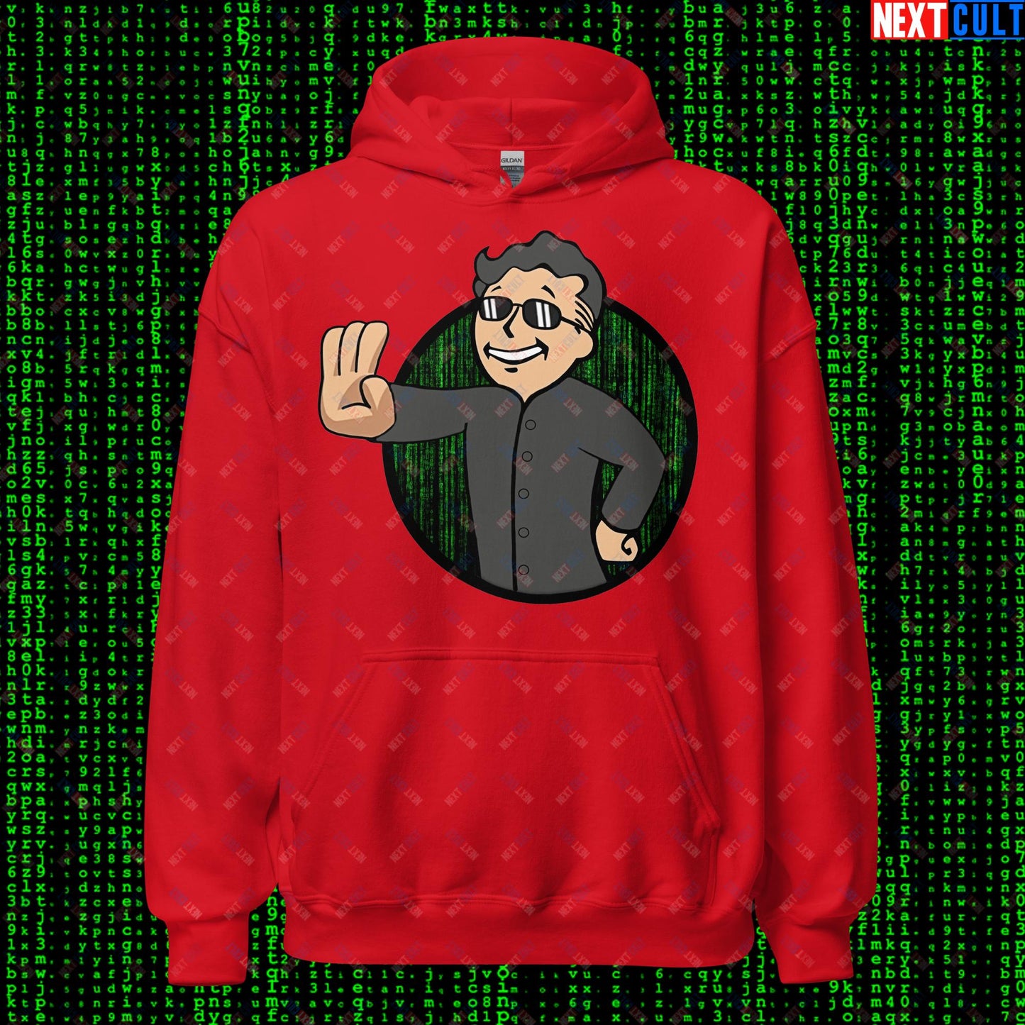 Matrix Vault Boy Fallout Funny Meme Cartoon Mashup Unisex Hoodie Red Hoodies Fallout Keanu Reeves Matrix Movies Vault Boy Next Cult Brand